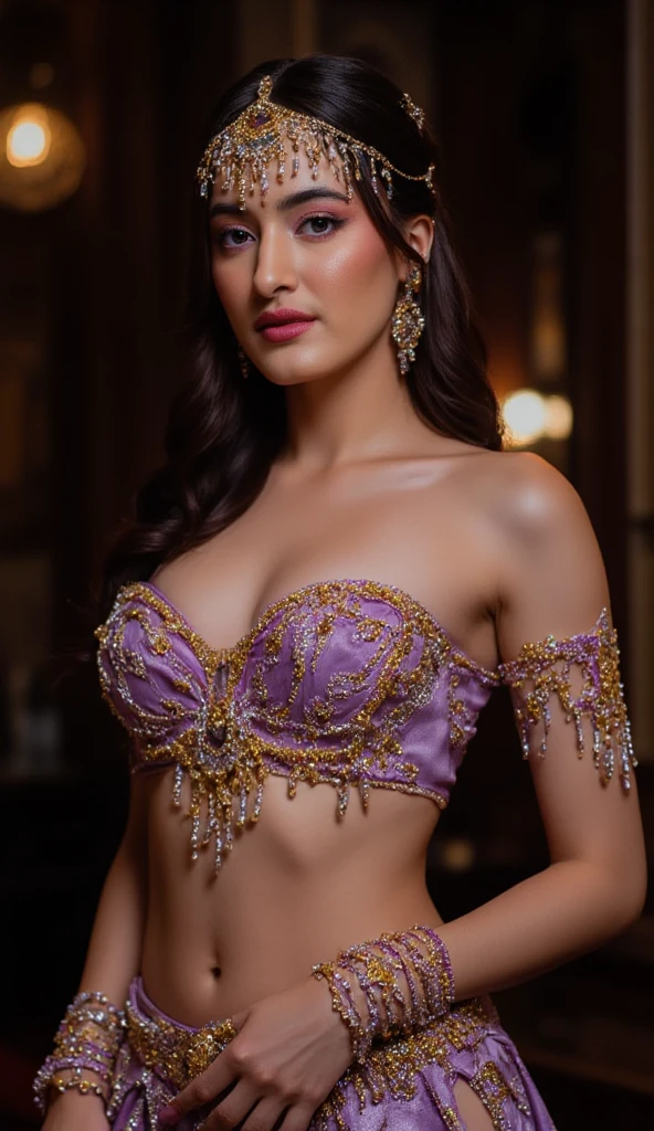 araffed woman in a purple outfit posing for a picture, very seductive pose, sexy :8, seductive pose, godess, curvy, satin, wearing an ornate outfit, traditional beauty, intricate outfit, seductive lady, sexy look, purple outfit, glamour pose, sexy pose, sensuous, wearing an elegant tribal outfit, alluring, glamorous pose, big , sexy cleavage show, full body wet