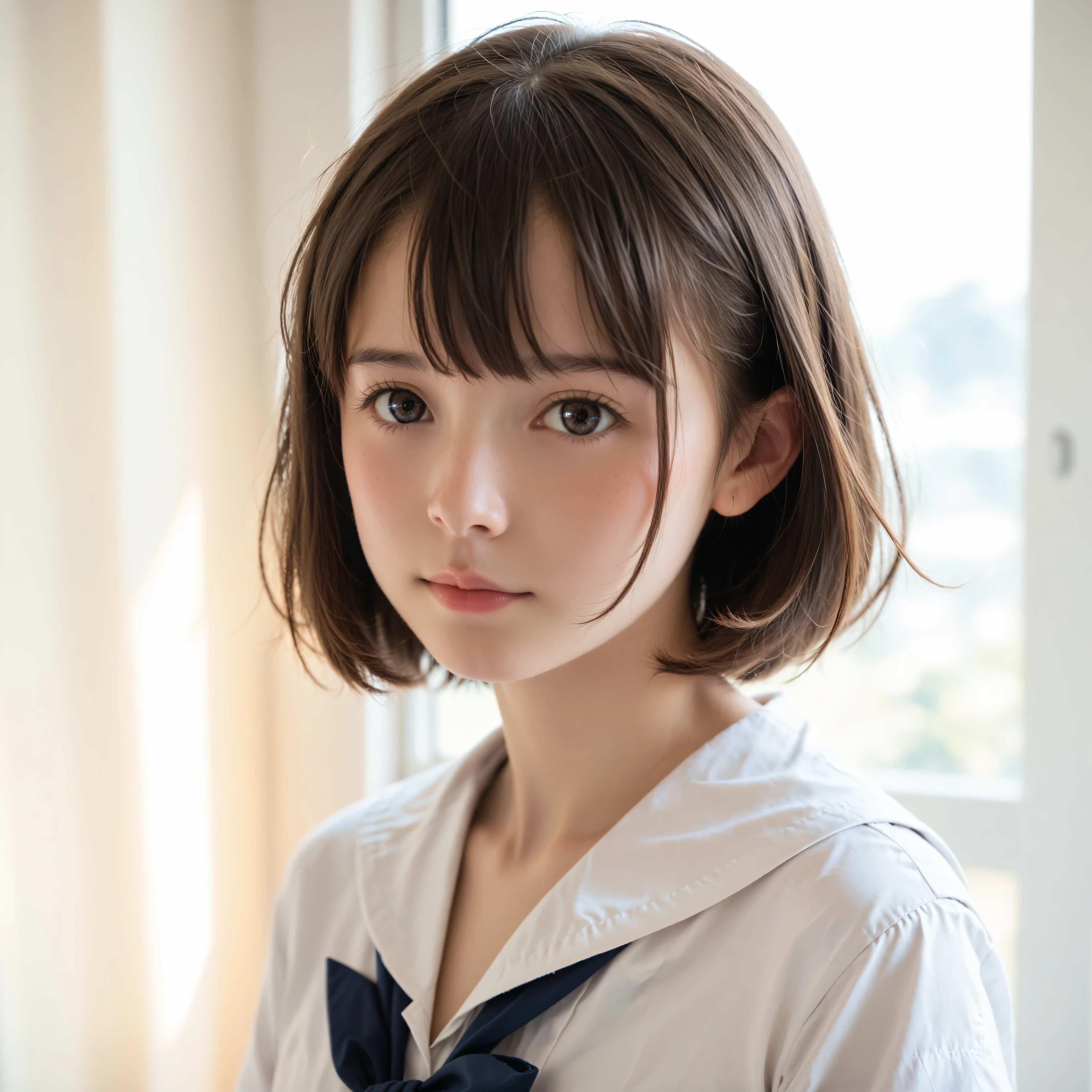 score_9, score_8_ Up the Side, score_7_ Up the Side,n current ,( photo realistic:1.5),cute girl, , sunlight, face, school uniform, short hair, small breasts,skinny,slender,short,slender body,younger,かわいいyounger女の子,Narrow Shoulders, realistic, Japanese