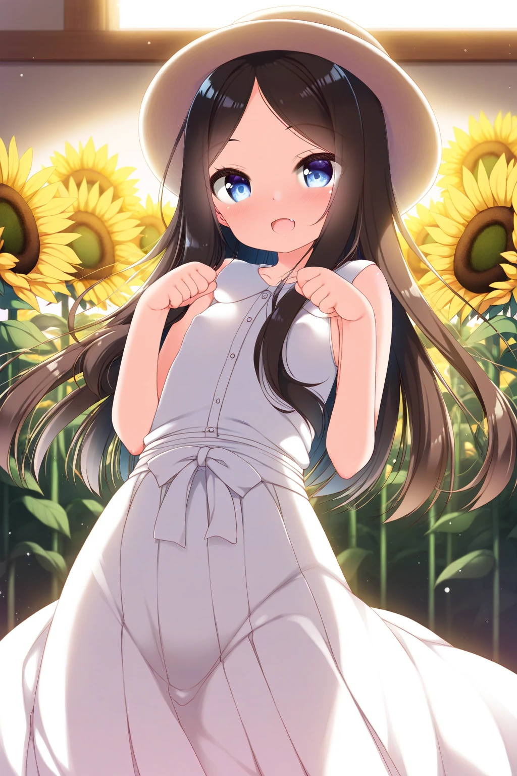 masterpiece,best qualitiy,high detail,1girl,(petite),blush,small breasts,black longhair,sweat, sunflower field,hot<lora:ega:0.7>,speech bubbles,heart,open mouth,white summer dress