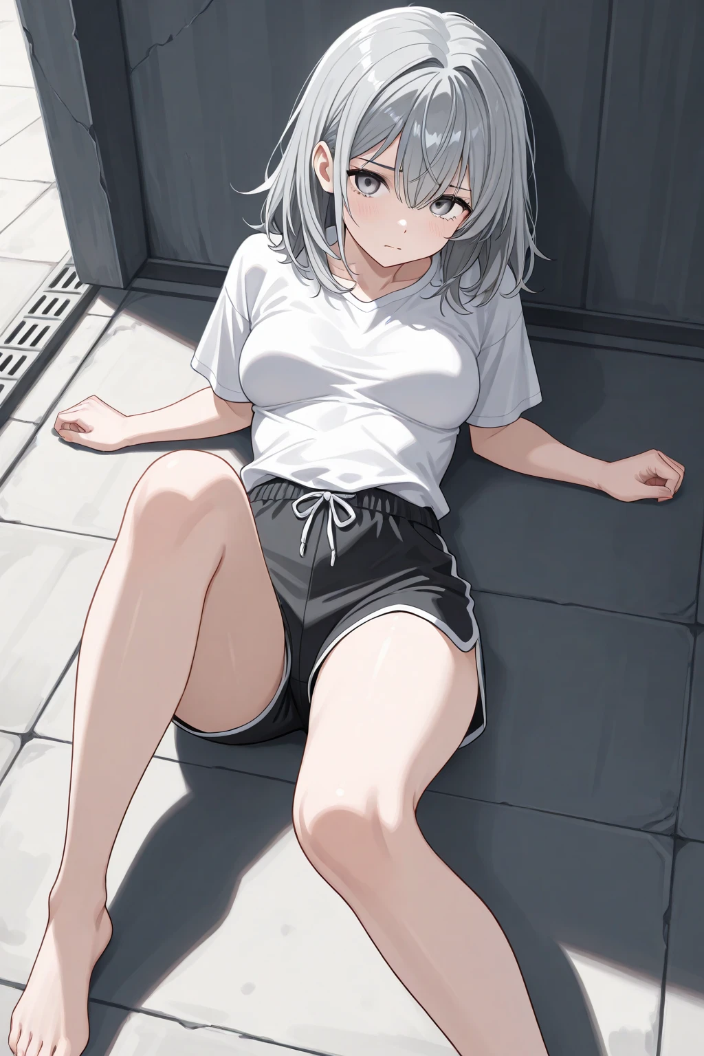 White sneakers、Spread your legs、 Clenched fist、 good, From below、topless、Small breasts、sit、Embarrassing、Knee Up