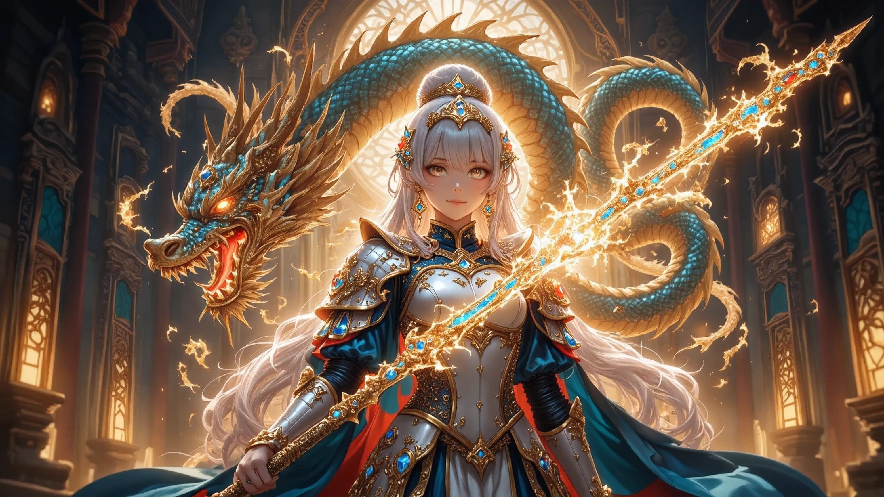 combined with vivid blue and red gems，emits a faint glow luminous {x} with a magical and otherworldly quality，Capture the imagination of the viewer {x} Warrior wearing ornate and intricate armor stands confidently against a background of glowing ghostly light. Her armor, in protective posture, } with traditional architectural elements microvisible. She has a A majestic, intricately crafted weapon that glimmers with mystical energy. Behind her , Magnificent dragon, Golden white sparkle, coils and twists in a protective stance. Dragon scales catch the light, creates divine light. The scene looks like a mysterious, Temple-like environment, ，hinting at fantasy and A fusion of oriental influences, decorated with exquisite gold and bronze design. overall atmosphere full of power, grace, also has magic, Carefully crafted weapon，flickering mysterious energy.