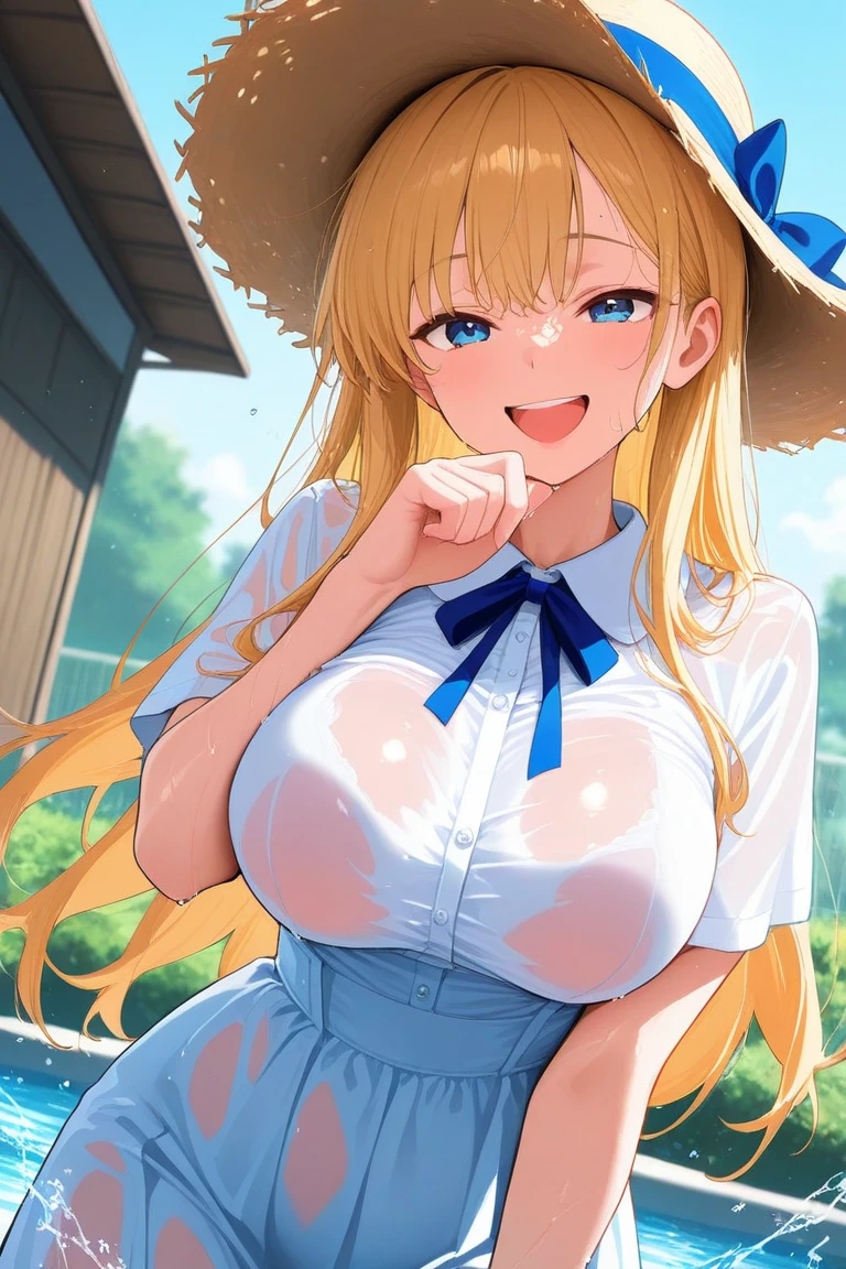 ((Whole body)),(masterpiece, Best Quality), 1 18 year old anime girl in scout clothes, neckline, mini skirt, big breasts about to eat a banana in a park landscape, ((view from above))