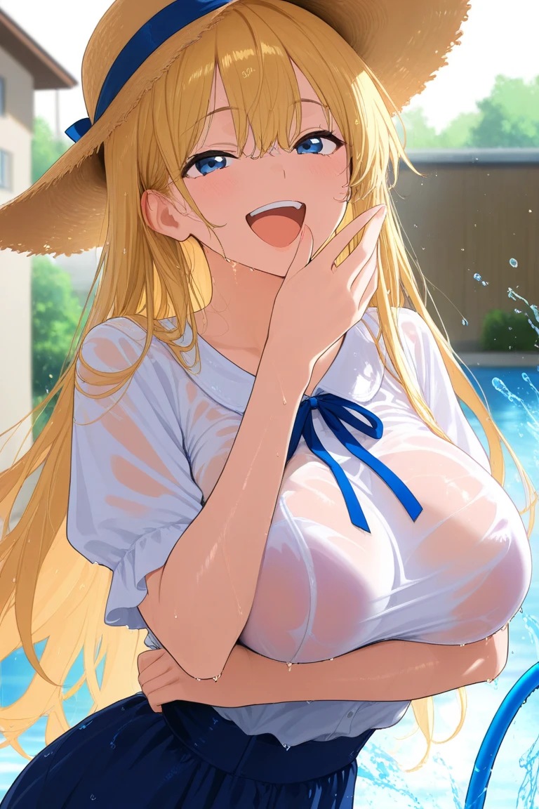 (masterpiece、highest quality:1.2), solo, One Girl, Cecilia Alcott, (Glowing Skin、Wet Skin:1.2), Completely naked , Completely naked, nude ,Nipples ,(Huge breasts:1.0), (Huge areola:1.0) ,smile , Looking up, Water Play, Drill Hair, Blue hair band,Blonde Hair,Blushed, From above