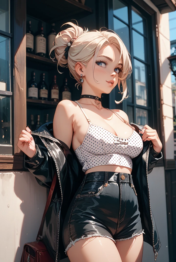 masterpiece, best quality, highres, android 18 , 1girl, blonde hair, short hair, multicolored hair, earrings, piercing, harajuku style, white shirt, tied shirt, black choker, grin, smile, standing, cowboy shot, outdoors,