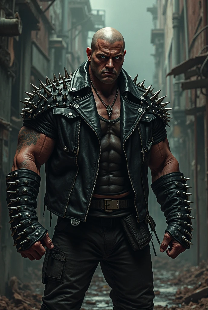 His muscular frame is clad in a black leather jacket that clings tightly to his broad shoulders and chest, enhancing his intimidating presence. The sleeves of the jacket are rolled up slightly, revealing his muscular forearms. His hands are adorned with fingerless gloves, stained with dried blood, adding to his sinister appearance. His legs are encased in black combat pants, tucked into rugged black combat boots that are scuffed and stained from his gruesome deeds. A few utility belts and chains hang from his waist, clinking softly with his movements, emphasizing his dark and dangerous aura. In his hands, he wields a chainsaw