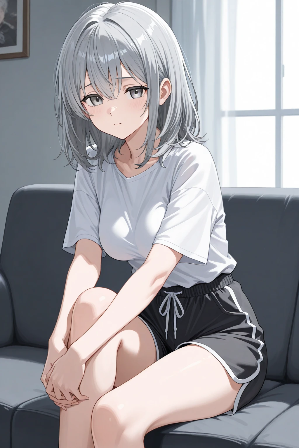 16k works,Highest quality,18-year-old,No background.White background only,whole body、Kneel,Dynamic and sexy pose, One person, Beautiful Face,, Symmetrical eyes, Perfect body, Good balance、 Perfect body、Silver and bob short hairstyle, Tie your hair up with a hair clip, Pink Eyes, pretty girl, reside , Modern, elegant, (Relaxed atmosphere), peaceful, Aromatic,Happy,happiness, (Gray Hair), White shirt, Barista, soft, Brown hair band, 