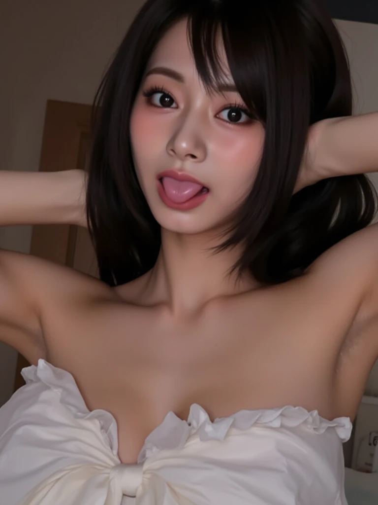 nsfw,Naked Girls,Color photography,16K , Face close-up,Top view,Bedroom，Anatomically correct body, Short Bob，Beautiful skin without moles,No accessories, Black Hair,,Beautiful breasts, Small breasts, Naughty nipples and areola,blush, bright red face,Troubled face,Tears are pooling in the eyes,Half-close your eyes((Very detailed)), (Perfectly detailed face), (Detailed and well-drawn hand), (Detailed and well-drawn hand), (Detailed and well-drawn hand), (Detailed and well-drawn hand), (Detailed and well-drawn hand) Photorealistic images.(blush,Sticking out tongue,Drooling from the tongue,Cross-eyed,ahegao,, Open your mouth，Licking dick),
