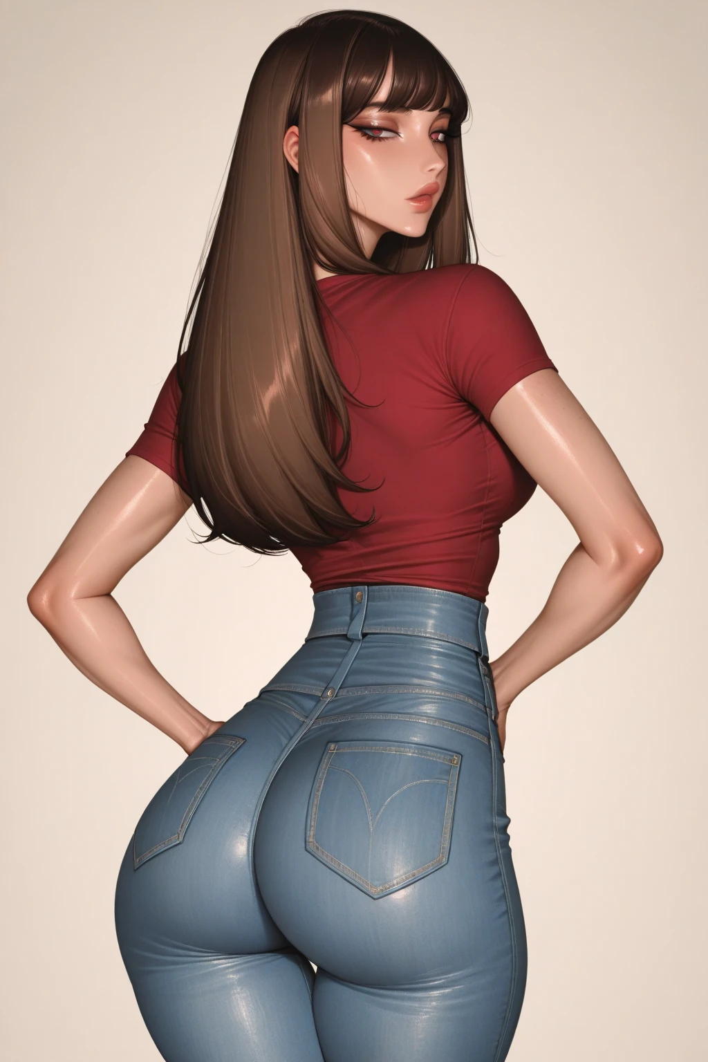 secretary wardrobe, white shirt, full body, back, long pants, very tight clothes, brown hair with a bun, large and beautiful brown eyes, intense and sensual look, very large and voluptuous hips, sensual posture