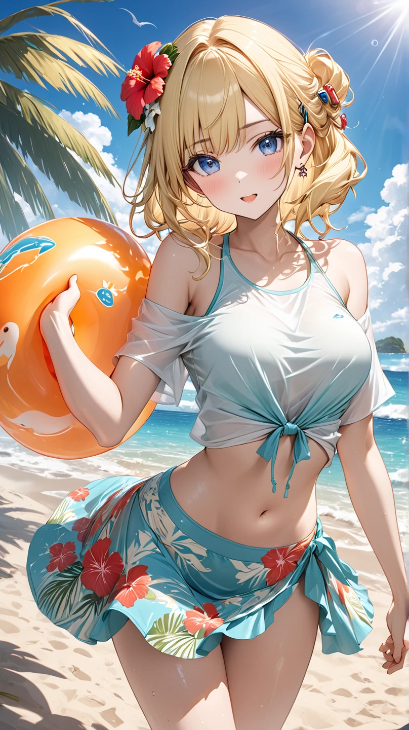 (big breasts:2), 1girl, solo, looking at viewer, smile, short hair, blonde hair, navel, holding, jewelry, standing, swimsuit, full body, flower, bikini, hairband, outdoors, sky, shoes, day, striped, nail polish, bracelet, see-through, ocean, beach, sneakers, blue bikini, striped bikini, sand <lora:violet-07:0.8>, (masterpiece,best quality:1.5)