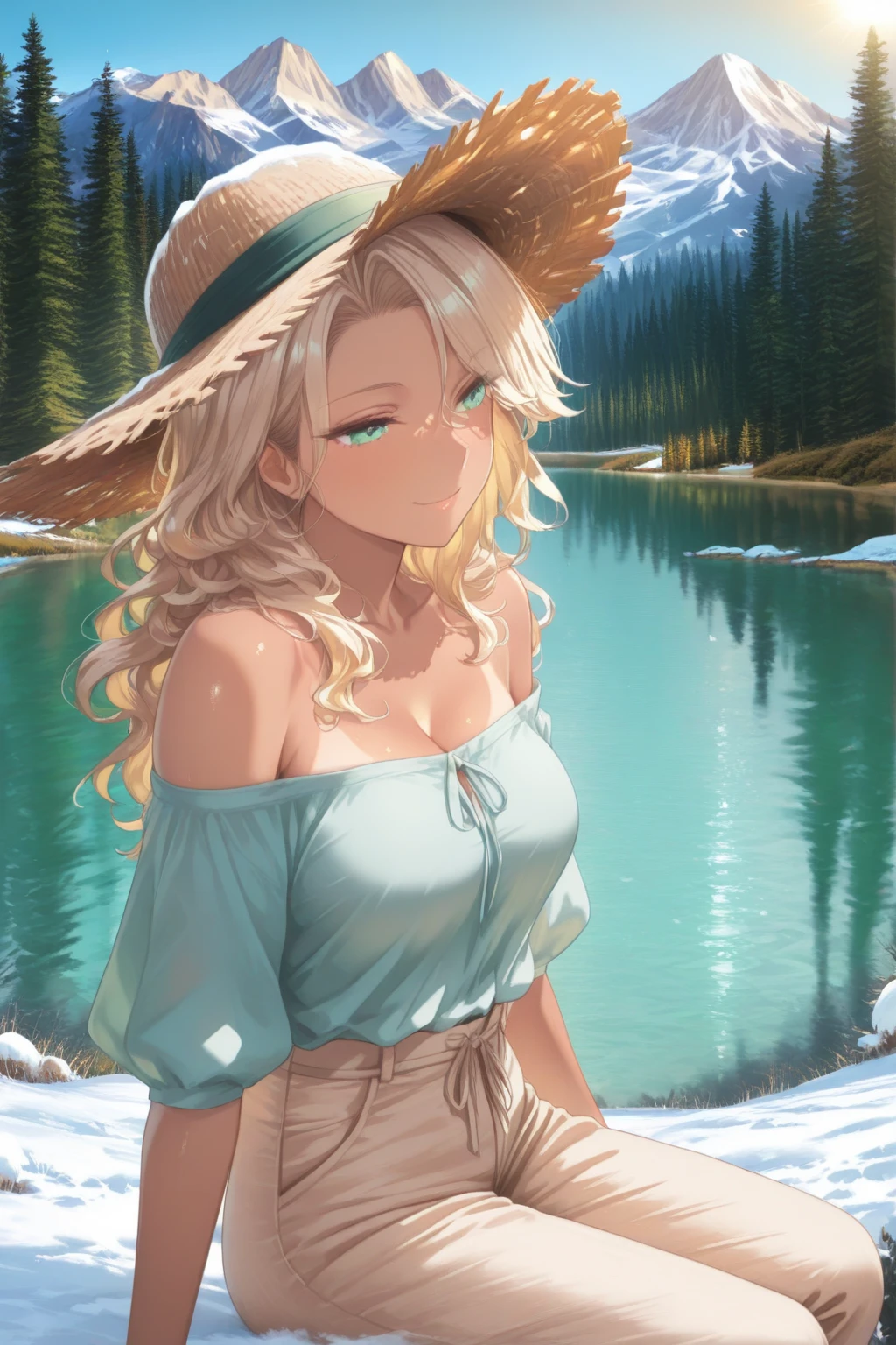A young blonde plus size model;  short hair ;  sensual body;  voluminous and wide ;  wearing a lace, semi-, pearl white tunic with sparkling glitter;  she parades holding a large red umbrella (the walkway is made of rustic wood over a lagoon with calm waters almost at the same level).  In the background a tropical forest half covered by rain.  Rainy and humid weather.  Hyper-realistic effect.