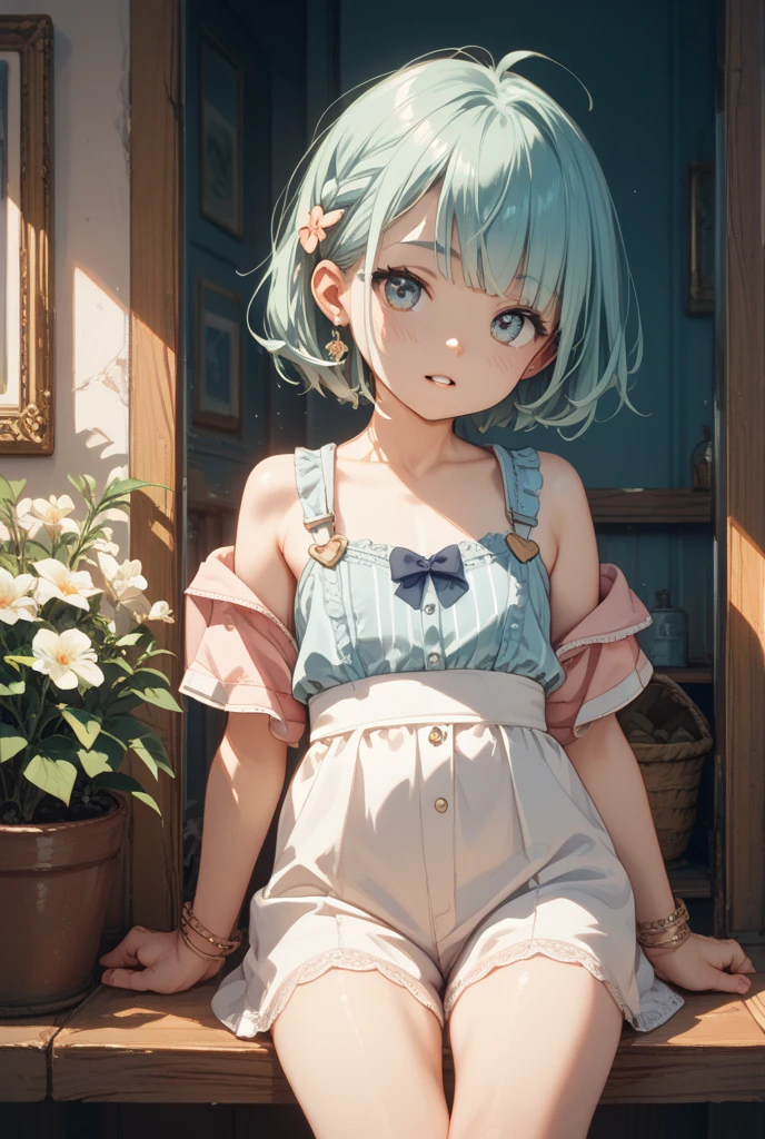 One woman, alone, alone Focus,全身Full Shot,Portraiture,, Beaver,Half water color, Half Green, ((Brown Hair)), (Yellow Hair), (Gradient Hair :1.5), Curly Hair, ((Pink Eyes)), Ultra-detailed eyes, work, White see-through, (Small TI quality, Very detailed,Full Shot,Stand upright in sandals,squat,