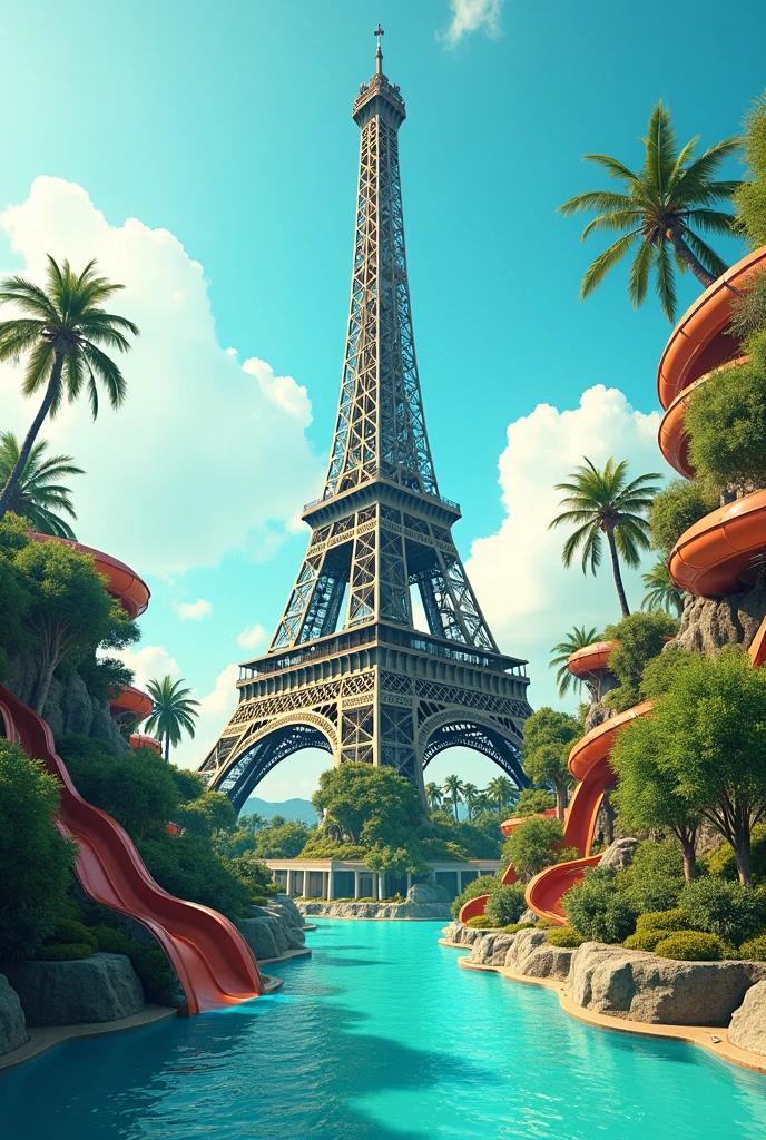 Fusion of two worlds, the Eiffel Tower surrounded by huge water slides and covered with palm trees, water world at the Eiffel Tower, transformation of a landmark, surreale Welt