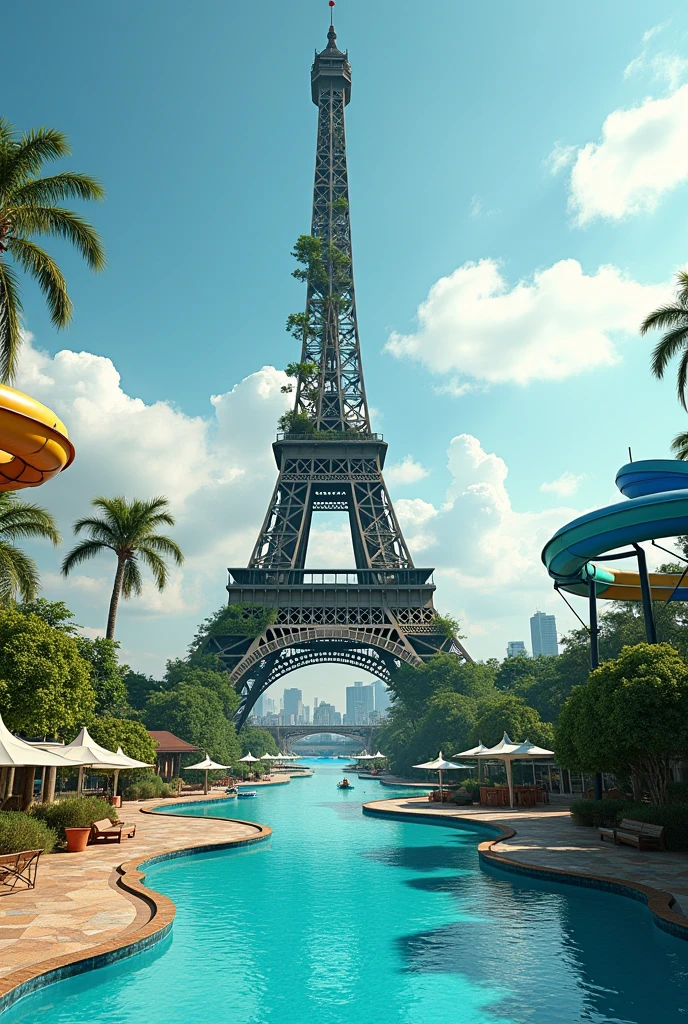 Fusion of two worlds, the Eiffel Tower surrounded by huge water slides and covered with palm trees, water world at the Eiffel Tower, transformation of a landmark, surreale Welt