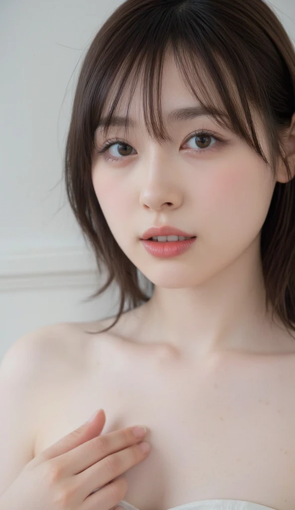 ((Browsing Caution))、 (Highly detailed eyes, Highly detailed face)、(Realistic),(High resolution close up), Portrait of a girl from chest to head,(( All Nude))、 Award-winning photo,、flat chest、 (Highly detailed eyes, Highly detailed face)、((10-year-old girl))、Small breasts、、(Small breasts:1.2)、Small breasts、 (Very few、flat、In many cases、Stomach、Whole Body Ezbian、Has bangs、Bright light、On the bed、Open your thighs、Spread your legs、Pee、Small areola、Cleavage