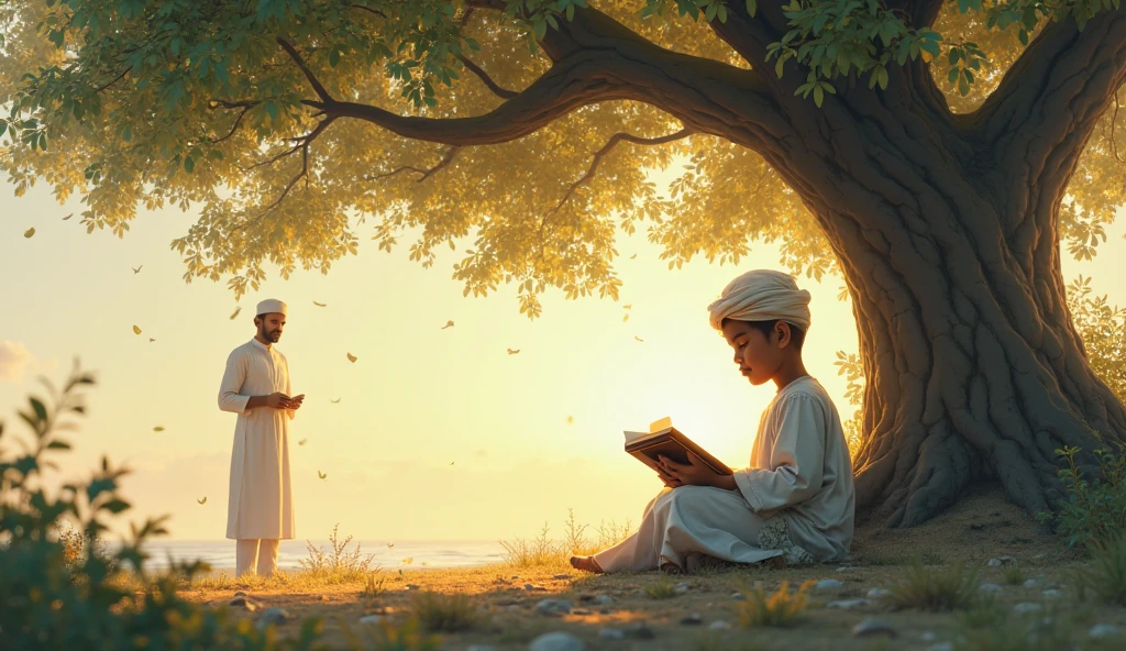 Prompt: Ali sitting under a tree, looking at a book with a thoughtful expression. Around him, other villagers are seen talking, some pointing towards Ali, symbolizing their doubts about his dreams. Ali’s face shows a mix of determination and a hint of sadness, as he thinks about the obstacles in his path.