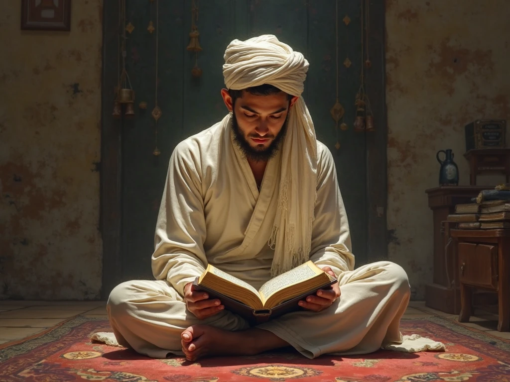young man people during the time of the prophet Muhammad studied together Muslim Islam Shekh Sufi sufisme young man writes and reads the book of the prophet Muhammad during the time of the prophet Muhammad