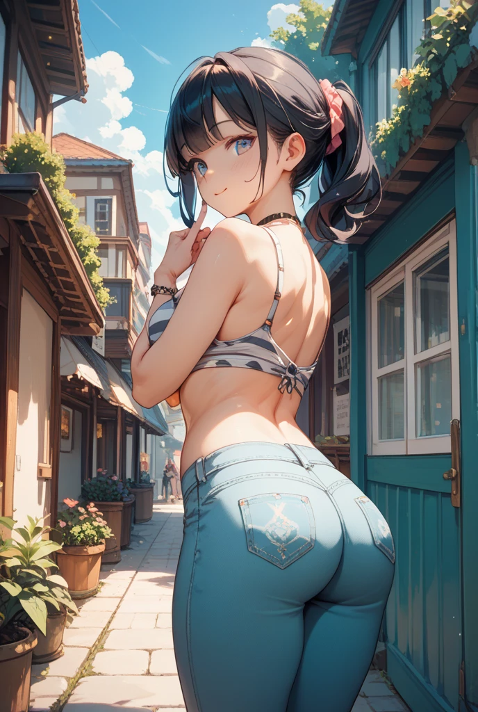highest quality,wonderful,finely,extremely detailed CG Unity 8K wallpaper, (girl,Black Hair, Blue Eyes,double bun, clothed), (on stomach:1.1),(from behind), (School Swimsuit:1.2), (black stockings:1.1), (Thighs), (Waistline), (from behind:1.2)