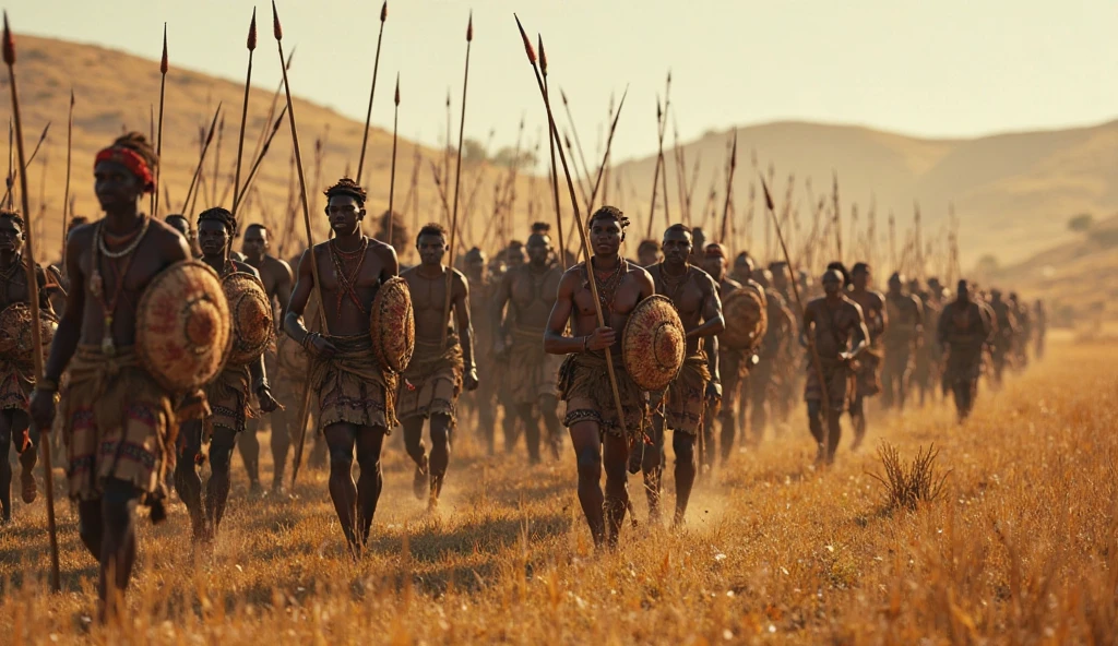 Imagine a striking scene where the Bara warriors, guerrier Malgache dans la brousses de Madagascar. En tenue Tribal malgache,Des gueriers fiers et forts, reviennent victorieux d'une bataille avec un village voisin. Certains portent des lances, symboles de leur bravoure au combat, tandis que d'autres tiennent des fusils artisanaux, a representation of their adaptation to changing times. At the heart of this scene, les guerriers Bara captifs du village ennemi sont clairement mis en avant. They are tied up, marquant leur statut de prisonniers de guerre. Their faces express resignation, frustration and helplessness in the face of their situation. The Bara warriors demonstrate their triumph by exhibiting these defeated captives. The stage is animated by an intense energy. sunlight, symbolisant la victoire, casts striking shadows on this scene, adding to the intensity of the moment