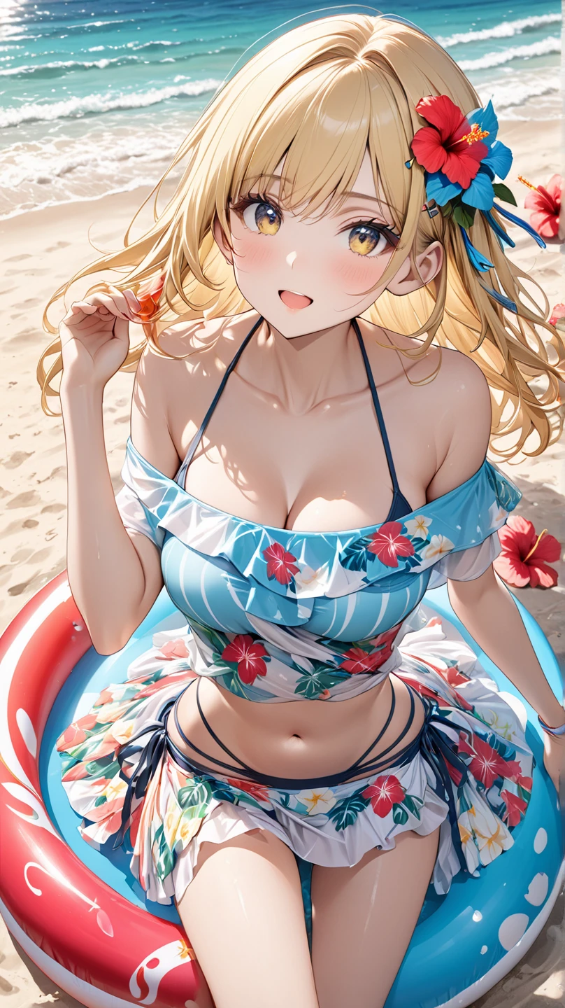 ultra-detailed, ((one girl)), (tan skin improved:1.4),(tanlines:1.3), (sweat skin), (heavy makeup:1.3), hyper detailed, absurdres, 8K, Beautiful Face, (Laugh shyly), ((teasing smile:1.8)),((Wink:1.7)), (Laugh with your mouth wide open),((Tilt your head:1.6)), View your viewers, ((Bright red cheeks:1.6)),Glossy Red Lips, ((Big Breasts:1.5)), ((show off breast:1.4)), ((nipples)), ((Fold your arms under your chest:1.3)), night, An observation deck overlooking the sea, (Brighten your face), ((Anime style background)),masterpiece, Highest quality, so beautiful,Latest, Complex details, (Pink long nails), (nail art), (ring),(bracelet), (Floral Choker),AI-generated, Complex,High resolution, Highest quality, super high quality,3D Images、3D Images,One person,Yellow long hair,(High Ponytail), (wavy hair:1.3), Anime woman posing for a photo, ((Fine grain、blue eyes、glowing eyes:1.4)), (Squint your eyes:1.1),a hyperRealistic , hyperRealistic , Realistic,Anime woman with long yellow hair, Smooth anime CG art, A girl in a gorgeous pastel-colored kimono, ((undressing)), ((Pastel-colored furisode)),(Pink large floral pattern) ,Long flower hair ornament,Floral Earrings,Mature Body, tall,Narrow waist,(sit), ((leaning forward:1.4)),(hands on knees), (front view),