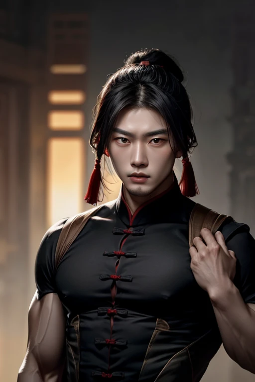 ((best quality)), ((artwork)), (detailded), (8k resolution), adult man, experienced swordsman, Large katana rich in details, red marks on the face, Red neon aura, flames in the background, white  kimono, Hair a little dark, , color scheme, pensive stillness, background with flames, Intricate details, photographic realism, fully body.