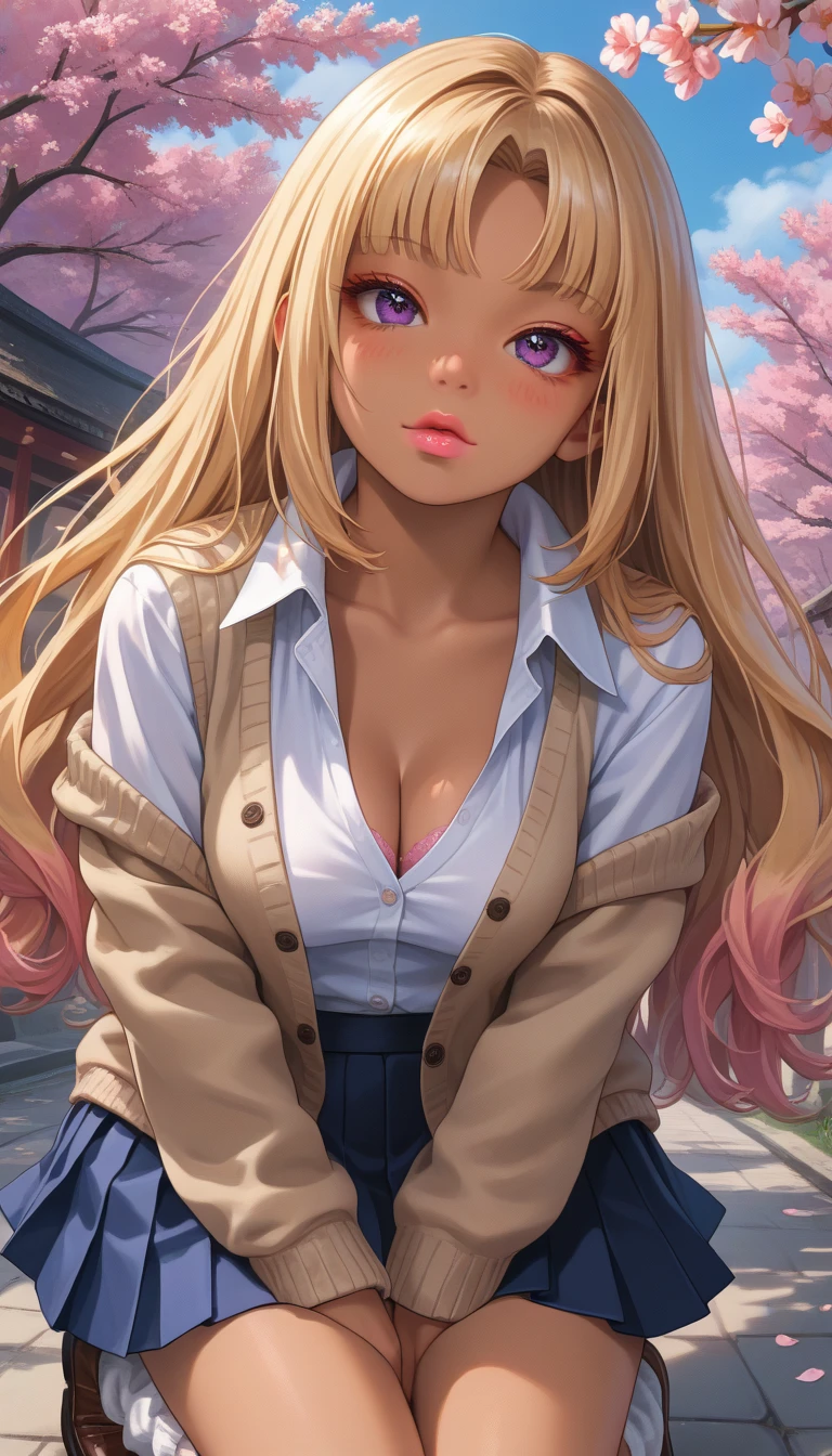 (anime style),masterpiece, best quality, ultra-detailed, glistening shiny, glowing light, ray tracing, HDR, deph of field, (perfect face, detailed face, detailed eyes),(medium boobs:1.2),8k,HD,ultra realistic face,ray tracing,perfect lighting,best quality, ultra-detailed, shiny eyes, (looking at viewer,sensual smile:1.1), ((1girl)), (gyaru, mature female:1.4),hourglass_body shape,
marin,long hair,((gradient hair)),multicolored eyes, gradient eyes, (glowing eyes:1.1), mascara, (fashion make up), parted lips,skirt, shirt, jewelry, school uniform, white shirt, pleated skirt, earrings, necktie, choker, grin, bracelet, blue skirt, plaid,black choker, plaid skirt, piercing, ear piercing, bright pupils,tied shirt, bead bracelet,
((school, school gate, cherry trees, cherry blossoms, flying petals)),complex background,((super detailed background)), sensual poses((8k wall paper)), ((8k wallpaper)) ,