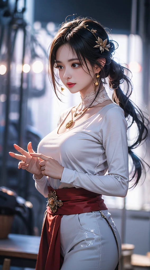 from side, hip up,((addielyn)), side pose, Random position, night time, (extremely delicate and beautiful work), (masterpiece), 1girl, streetwear, highly detailed, twisted ponytail, charming expression, beautiful and clear Eyes, blue pupils, exquisite pearl necklace, exquisite earrings, simple blurred background, extremely detailed description, beautiful and charming, ultra-fine painting, exquisite face, exquisite figure, exquisite clavicle, cute lips, soft back, mix4, (8k , RAW photo, best quality, mastery:1.2), (realistic, photo-realistic:1.37),1girl,cute,cityscape,night,rain,wet,professional lighting,photon mapping,radiosity,physically-based rendering,above waist,