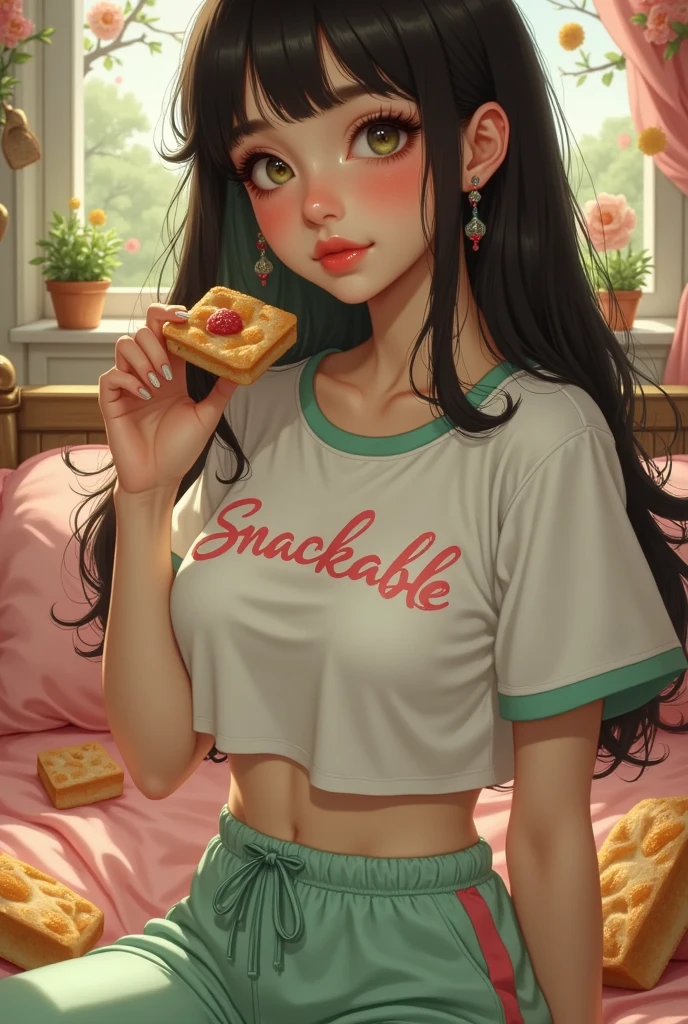 A young lady surrounded by hundreds of different kinds of donuts, squashed in fluffy cushions, colorful, detailed eyes of the young lady, fashionable patchwork shirt and skirt, curly hair style