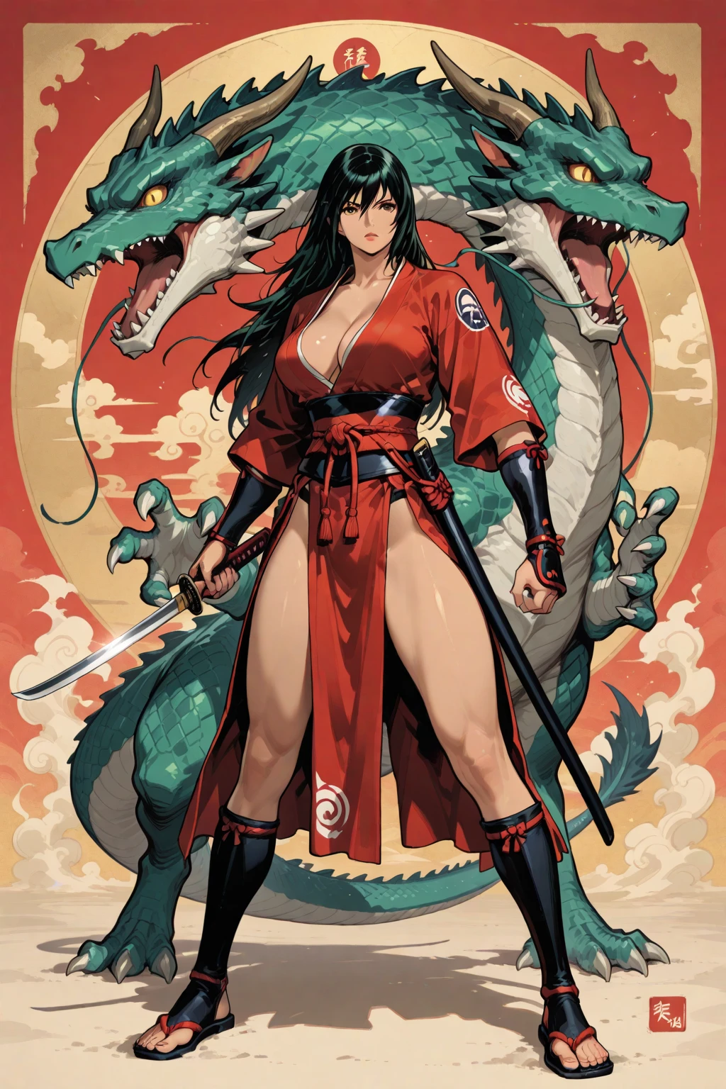 brown hair women in Musha style, (big tits:1.4), big ass, curvy shape, sexy underwear, fullbody, multicolor. Completed81%