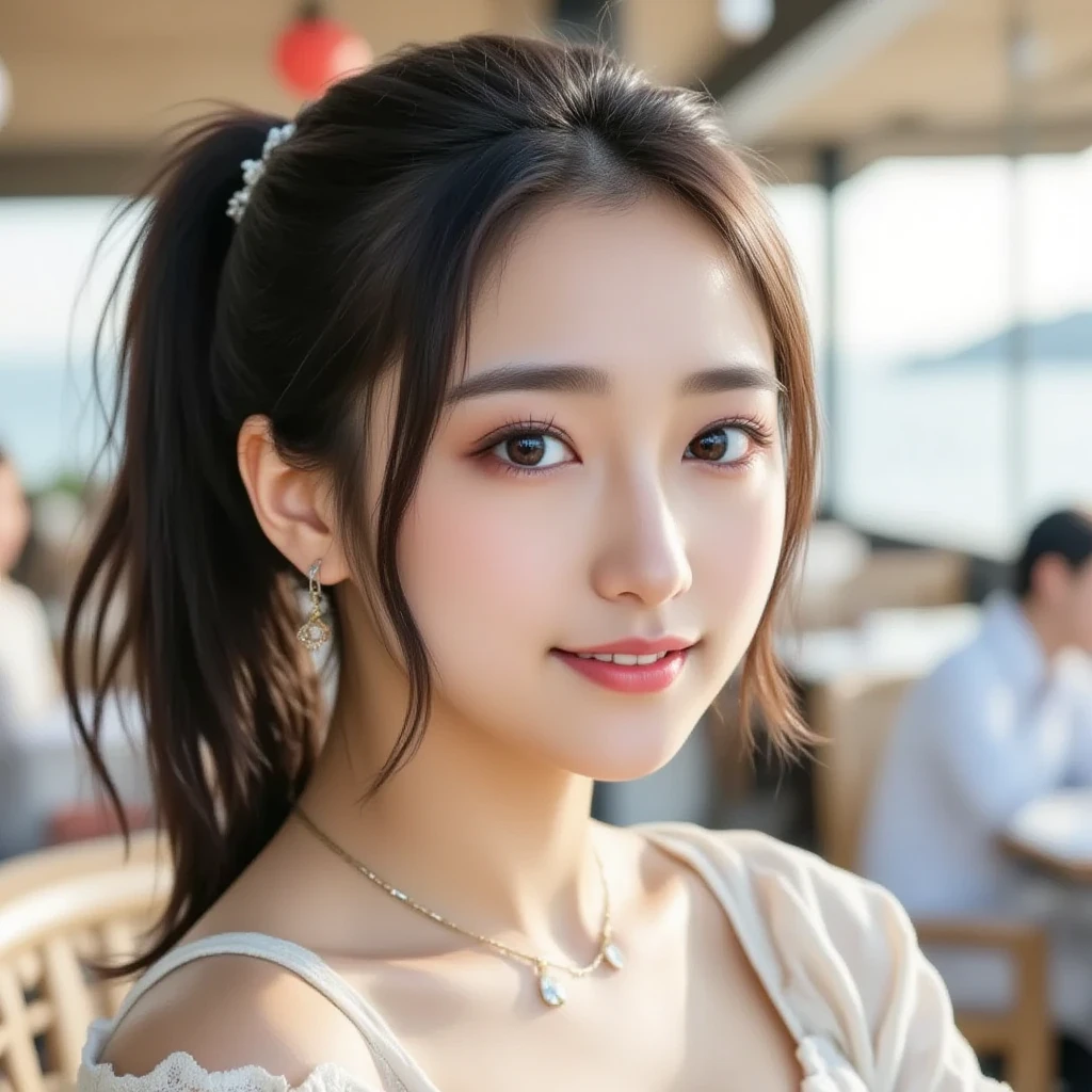 Produce the highest quality and highest resolution 8K images。Please draw the upper body of a 20 year old Japanese woman.。Please draw an image of you relaxing on the balcony at home.。She has brown eyes and a model-like figure、She has an idol-level cute face.。Her hair is in a bun.。The skin is、It is a natural skin color。she、Looking at you with a smile。
