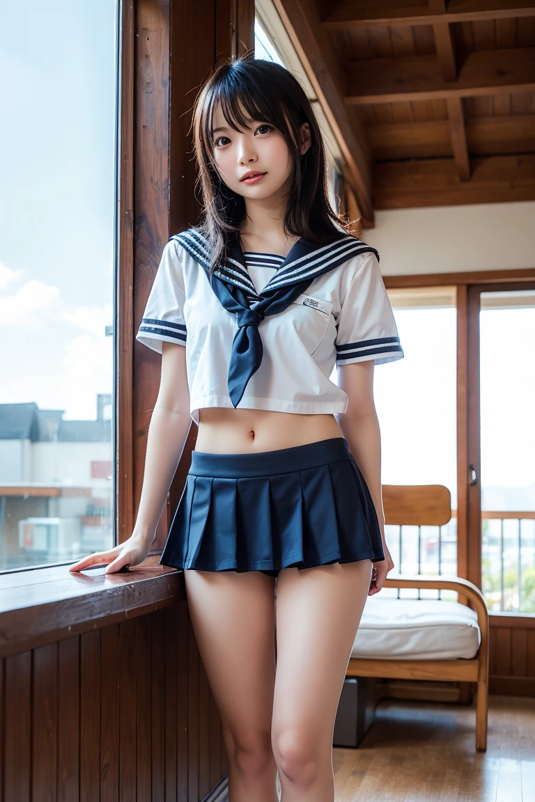 8k UHD、Digital single-lens reflex camera、High resolution、shallow depth of field、Natural light、(((sailor suit)))、(((Dark blue super mini skirt)))、(((full body shot)))、small person、(((young face)))、1 Japanese girl、18 years old beautiful girl、(black hair)、(((brown eyes)))、Glossy skin、smooth thin hair、long hair、detailed background、highly detailed eyes and face、clear eyes、cute smile、Calm atmosphere、(((climb the stairs)))、(((I have a bag)))、(((detailed small breasts)))、(((beautiful eyes)))、petya pie、(((panties)))、(((angle from below) ))、(((detailed lips)))、(((The skirt is fluttering)))、beautiful shining legs、((nsfw, Gravure idol))