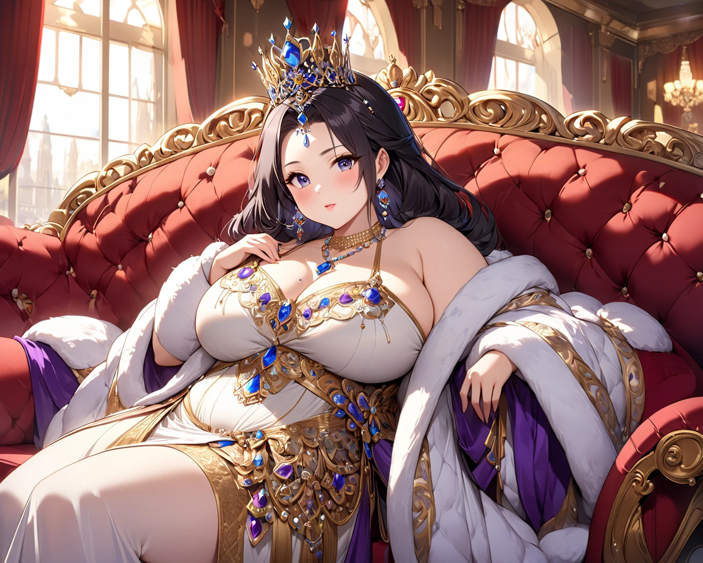 ((anime moe artstyle)),((Masterpiece)), (Best Quality), (Super Detail), Illustration, (((Very Delicate and Beautiful))),Dynamic Angle,Looking at viewer,((((Solo)))),(((Full body))),(((1 arrogant pregnant empress wearing gorgeous black ballgown))),((((heavily pregnant)))),last month of pregnancy,(standing),((arrogant)),((angry)),(embarrassed),(Purple eyes),Sharp eyes,Detailed Face, Long Eyelashes,(Jet Black Hair,Straight Hair,Very Long Hair),((Bangs between eyes)),((((gigantic breasts,Huge breasts,Bulging breasts,Long breasts,disproportionate breasts)))),cleavage,((skindentation)),curvy,See-through,(((luxurious lace and ruffled black and gold rococo ballgown adorned with abundant jewels and gorgeous embroidery))),(((voluminous black and gold rococo dress with a flared hemline))),(fluffy rococo ball gown with gorgeous embroidery and lace),((gold trim)),(((hoop skirt))),long skirt,corset,crinoline,opera gloves,Beautifully Gorgeous jeweled big tiara,Beautifully Gorgeous gem earrings,Beautifully Gorgeous jeweled necklace,Beautifully Gorgeous jeweled ornaments,indoor,light particles,royal palace,