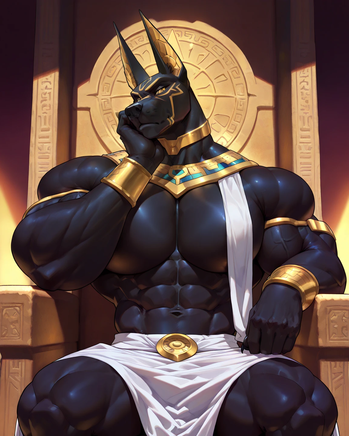 anubis jackal，Behemoth，4k HD，wallpaper, egyptian armor, anubis mask, angry expression, held captive, struggling, (bound in chains: 1.2), (night time: 1.1), huge chest, (bara pecs: 1.4), (dense oversized huge pecs: 1.1), (big crotch bulge: 1.6), gold thong, thick ass, dark dramatic lighting, epic, dutch angle, low angle