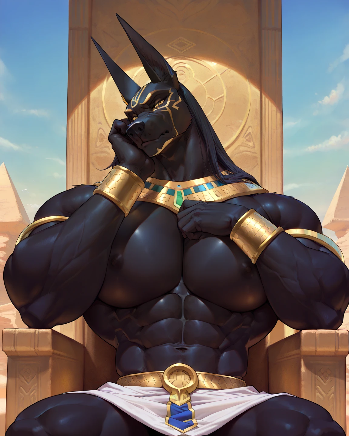 Muscular, male, furry, fluffy, Covered scars, bare chest, hot, (wet: 1.3), abs, wide body, egyptian jewelry, egyptian armor, Looking at viewers, thick beard , (bara pecs: 1.1), anthro jackal, anubis mask, black body, black furr chest, wide body, (big chest: 1.3) , (battle pose: 1.1), thick thighs, royal black loincloth, (bulge: 1.1), barely visible genitals, detailed genitals outline , intimidating frown expression, gold nipples ring, bright dramatic lighting, desert pyramids, sunset, low angle, dutch angle, by hyaku , by darkgem