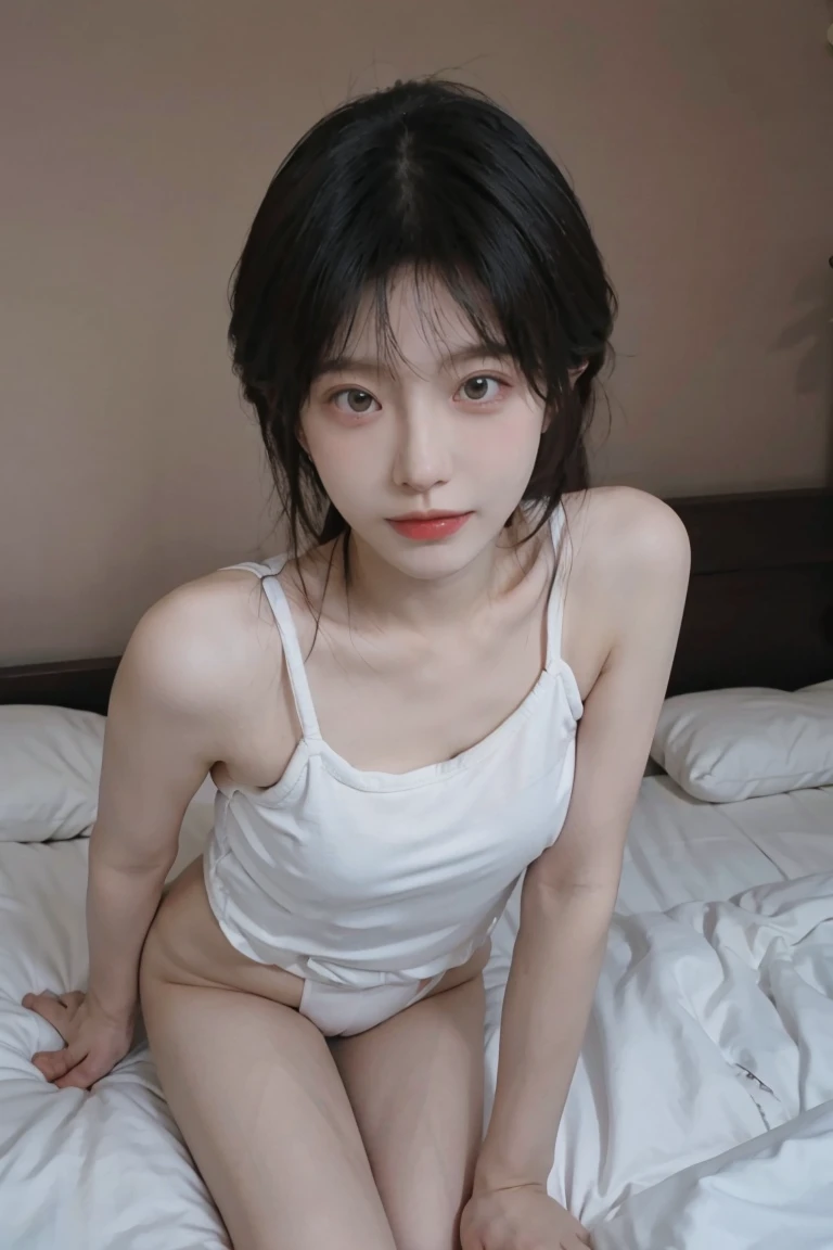 Beautifull japanese girl, cute girl, young, layered hair style, hyper realistic detailed, ((big breast)), (realistic detailed: 1.0) skin detailed, nipple detailed, 17 yo, slim body, ((slim body, fullbody, nude, naked)), babyface cute, ((sexy darkred lips)), ((best light, realistic light)), slim body, ((straddled, spread leg showing vagina, open leg, in bed))