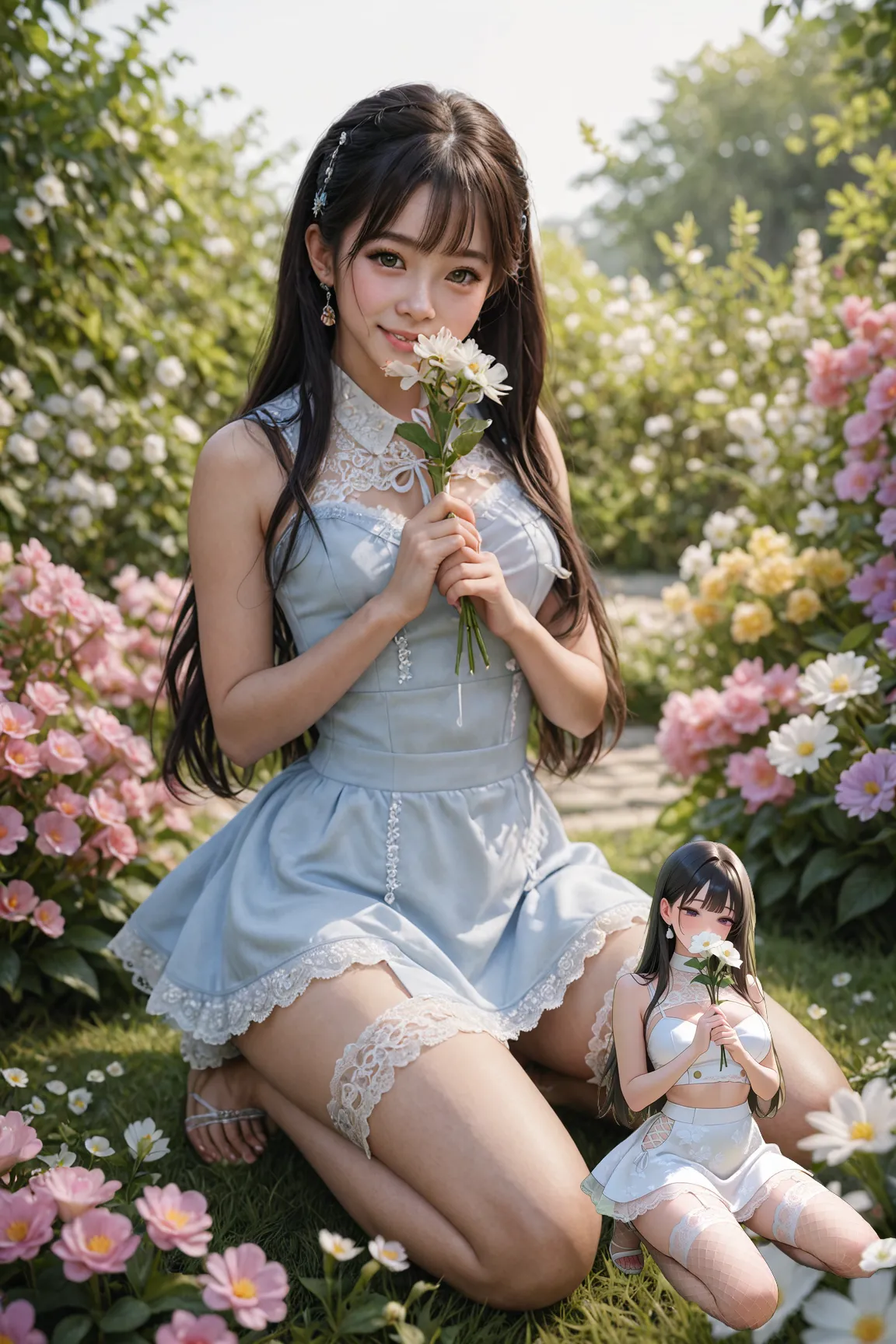 girl,Open your thighs:2,Sea of blue flowers,Blue sky,blue eyes,Leg socks