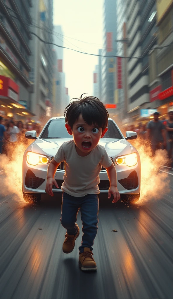 A car in high speed a boy accidentally come in front of car