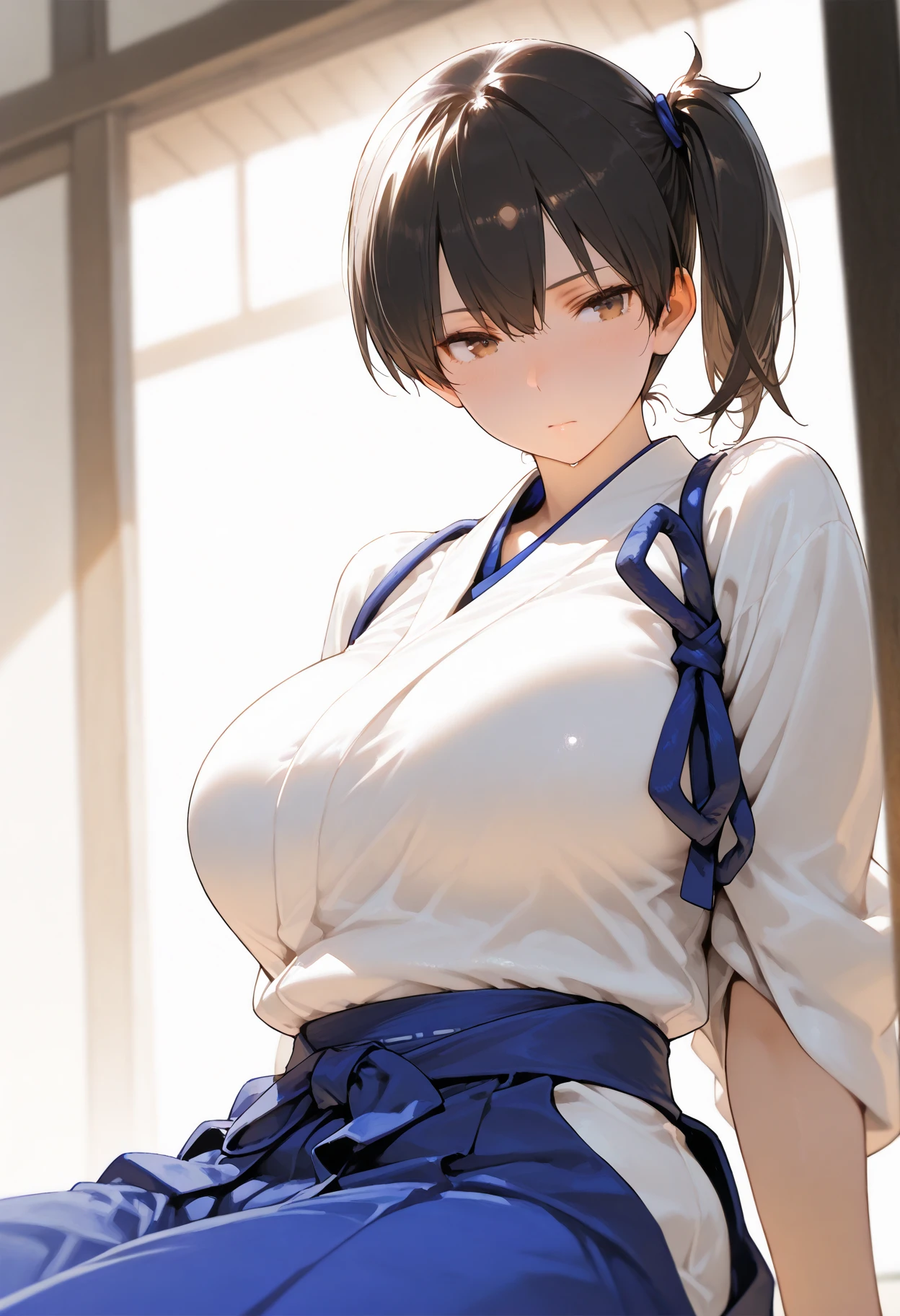 score_9, score_8_up, score_7_up, score_6_up, score_5_up, score_4_up,source_anime, indoors in a palace, looking back, embarassed expression,solo,from below h1nats0r0, black hair, 1girl, ponytail, long hair, purple eyes, sleeveless kimono(((( sexy pose))))