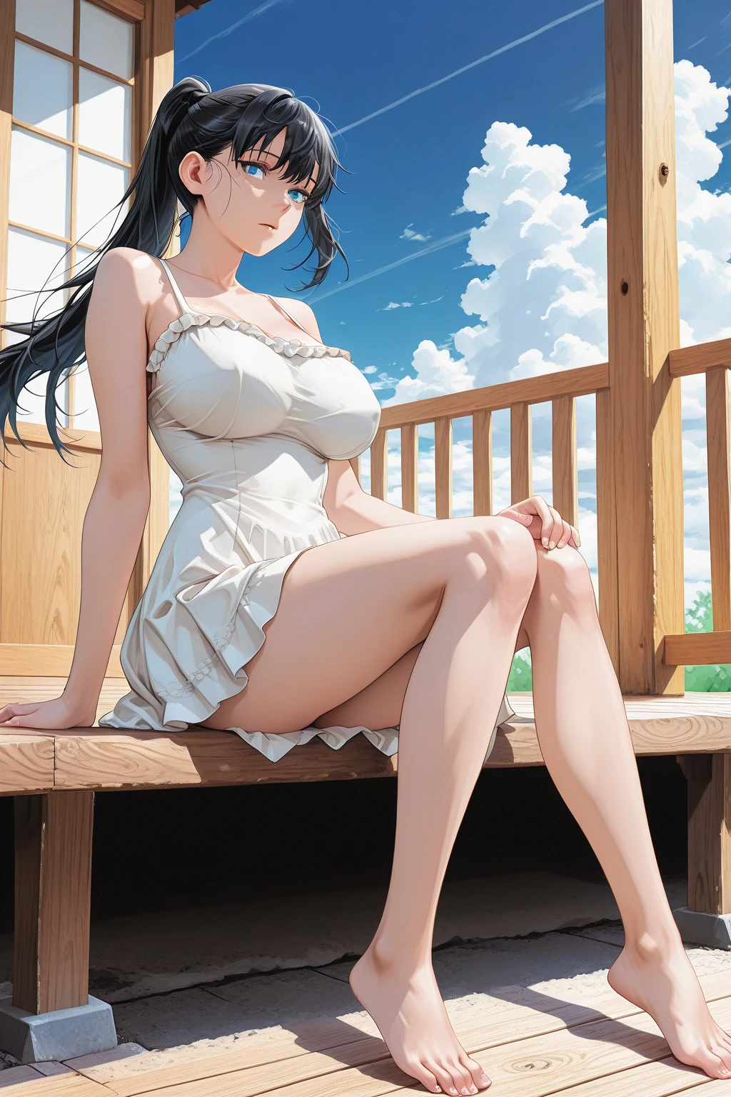 ((masterpiece)), (best quality), (beautiful hands), (perfect hands), ((ultra-detailed)), (perfect eyes:1.3), (cute face), perfect lighting, cute, adorable, colorful, vivid colors, (light pink lipstick), expressive eyes, eyeshadow, eyeliner, blush, (parted lips, smile), (silky, smoch skin), (solo:1.1), (green eyes), black hair, (straight hair:1.7), hairclip, (milkers:1.2), cleavage, cameltoe, outdoors, full body, dusk, 1girl, solo, knees together feet apart, squating, (white sundress:1.5), no bra, (striped panties:1.2),