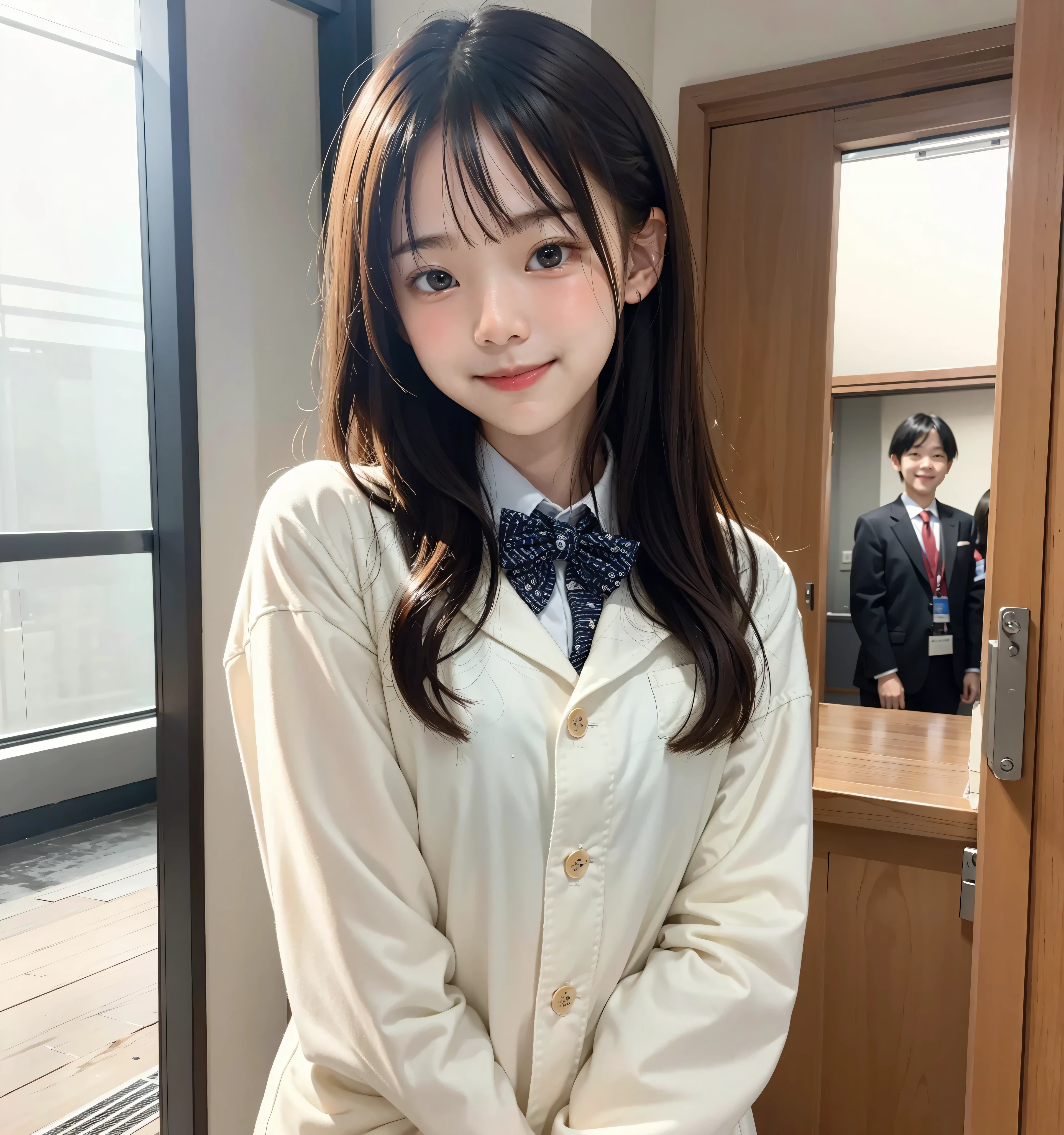 S, Please line up before quietly entering the classroom, elementary school student, girls,cute, masterpiece, details,smile