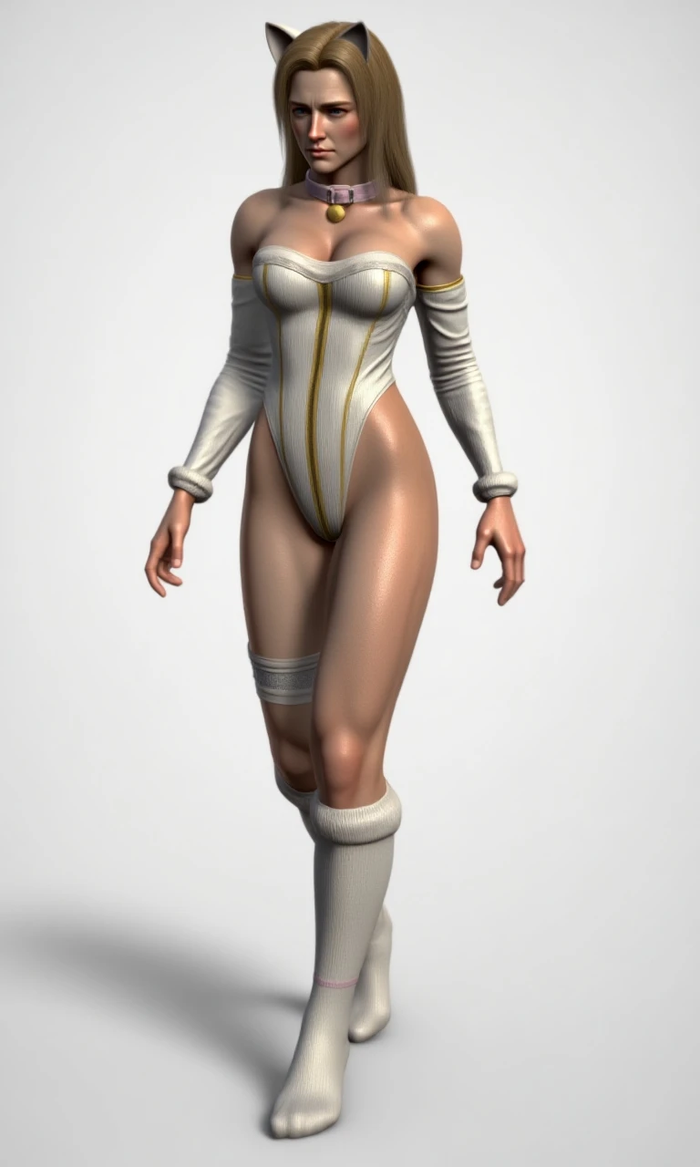 bronze skin, tanned, gorgeous woman, full body shot, lithe, blank background, black background, white tunic, leg slit, brown leather boots, laced leather pants