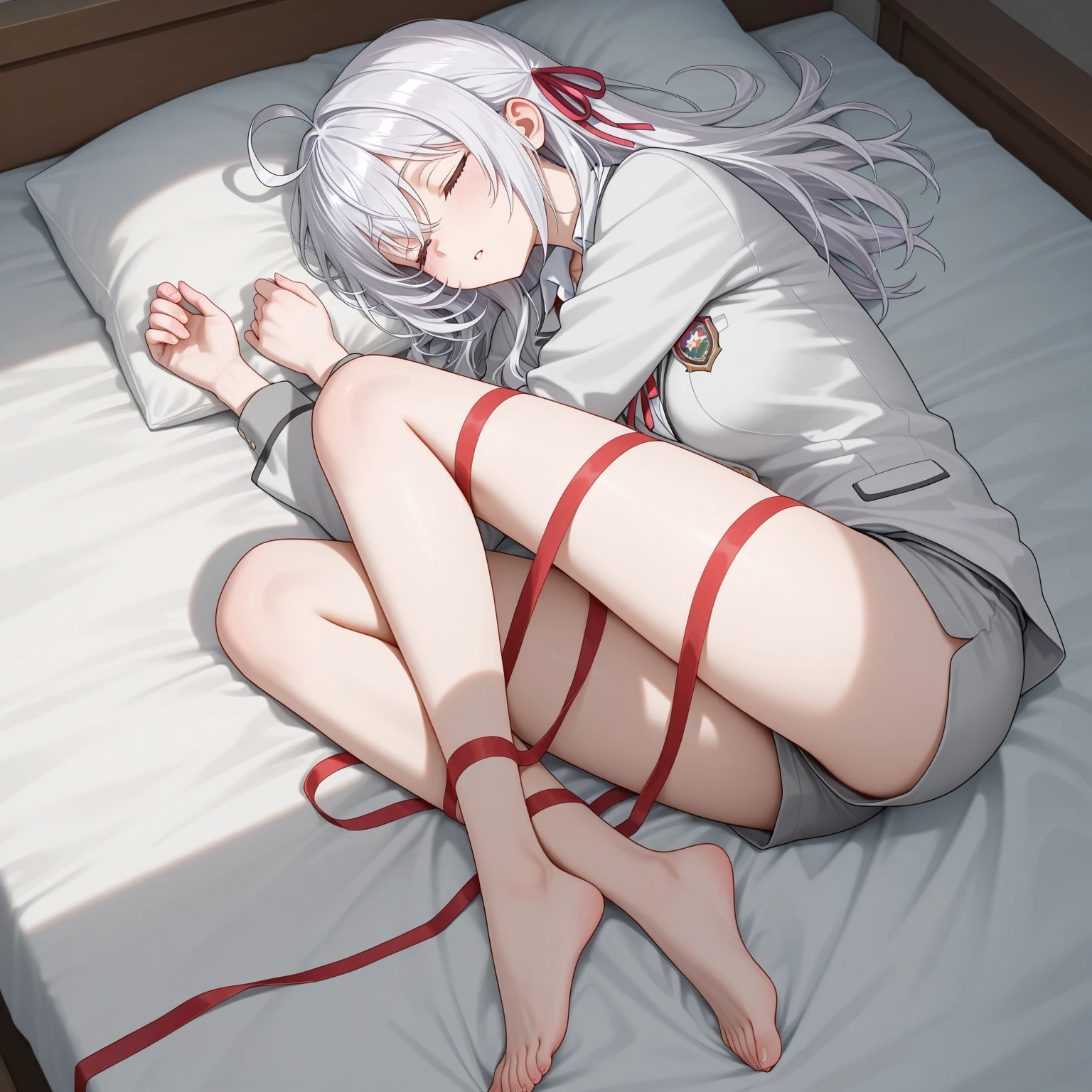 (((A 20-year-old Japanese woman with the cute face of a 18-year-old idol)))、(((Gentle and cute)))、(((A face slightly writhing in sexual pleasure)))、(((Full body portrait)))、(((Sleeping position on bed)))、((She is wearing white underwear))、((Tied up on a luxury hotel bed))、(((Wearing a red leather collar around his neck)))、(((the whole body is tied with a rope)))、(Artistic Expression)、Cleavage、Front image、bondage、Accurate、Anatomically correct、(Textured skin)、Very detailed、 Attention to detail、highest quality、High resolution、Genuine、Indistinguishable from live-action、realism、RAW Photoasterpiece