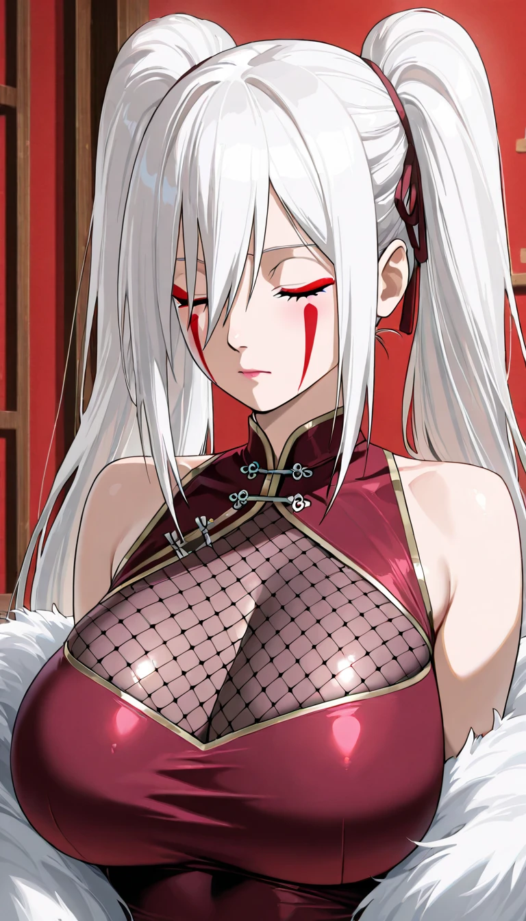 A hot Woman, milf, busty with thick thighs and big boobs, detailed eyes, red eyes, black tear strains, beautiful eyes, long white hair with white nails, red lips, milf body, thicc, soft lightning, several red stains around body and red markings about body, wearing large royal dress robe, puffy robe, white tentacles with red stains, covered in sweat, ghast humanized, female face, award winning, 4k, 8k, high quality, top quality, masterpiece, plump girl, fine beautiful skin, looking at viewer, HD, plump breasts ((Cleavage is so tempting)), angry and calm at the same time