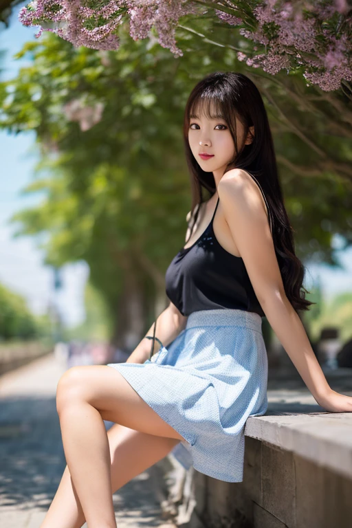 ((Best picture quality, 8K, tmasterpiece:1.3)), 1girll, Casual hairstyle, （off-shoulder blouse，Short pleated skirt：1.3）,（wet see through clothes：1.4），Ultra-fine face, A detailed eye, 二重まぶた，（long leges：1.4），（athletic sneakers：1.3）Erlang legs，Sit sideways on a high platform