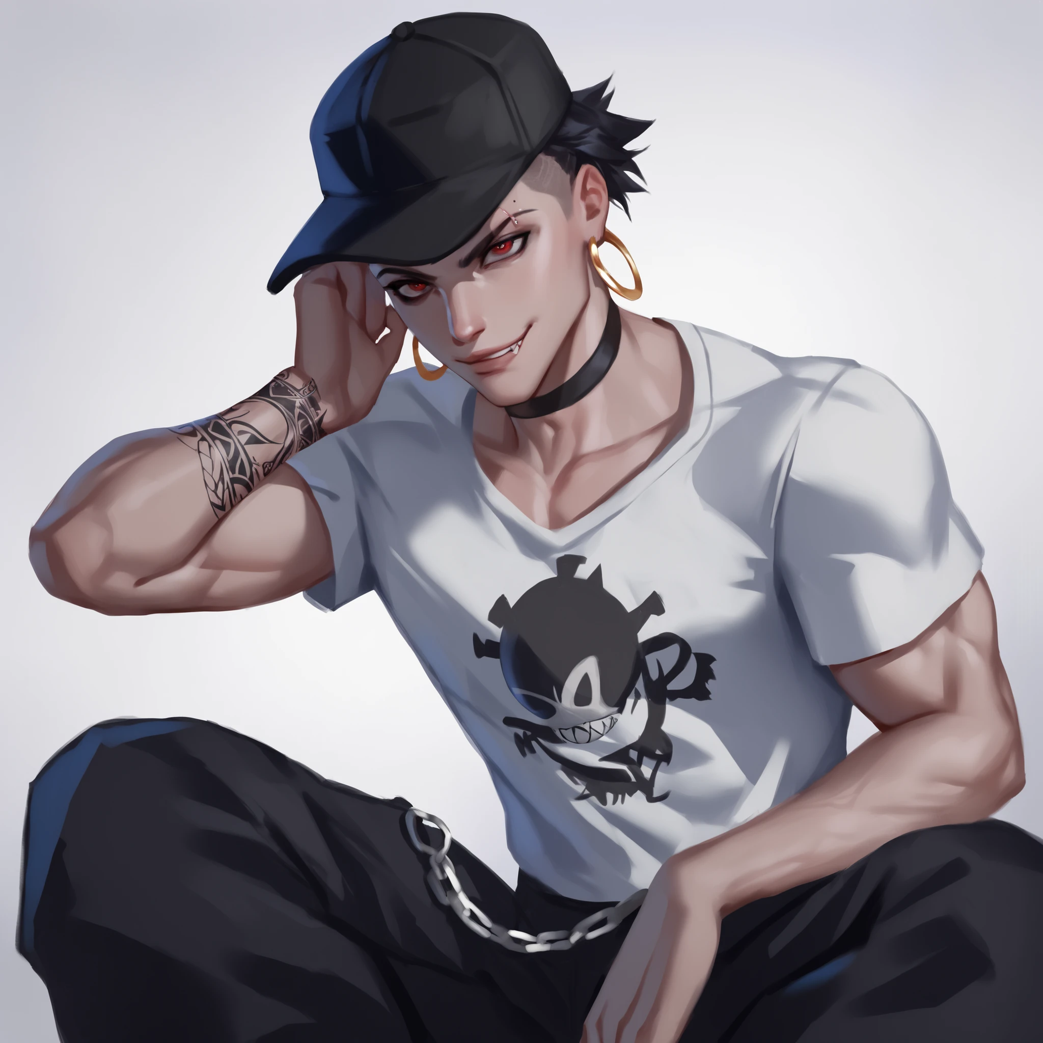 high quality, photograph, ultra-detailed, 1 boy, solo, high angle view with perspective, white clean background, street style, baggy black cargo pants with multiple pockets and drawstrings, heavy silver chains dangling from waist, loose white Supreme t-shirt with aggressive graffiti print, worn black NY cap backwards, messy short black hair with shaved sides, sharp red eyes looking up with defiant gaze, slight scar on eyebrow, strong jawline, confident smirk, massive silver hoop earrings, black leather choker with studs, old school brutal tattoos on arms (skulls, daggers), muscular athletic build, dynamic pose lying with arms spread, dramatic top-down lighting, camera angle at45 degrees above.