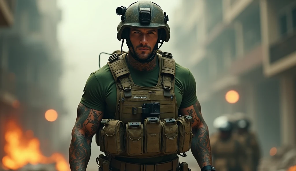 A handsome muscular male, mid fade haircut, with Nice bulge in crotch area in combat uniform holding a sniper rifle to this side leaning towards a wall in ruined city background. full body shot, in landscape mode
