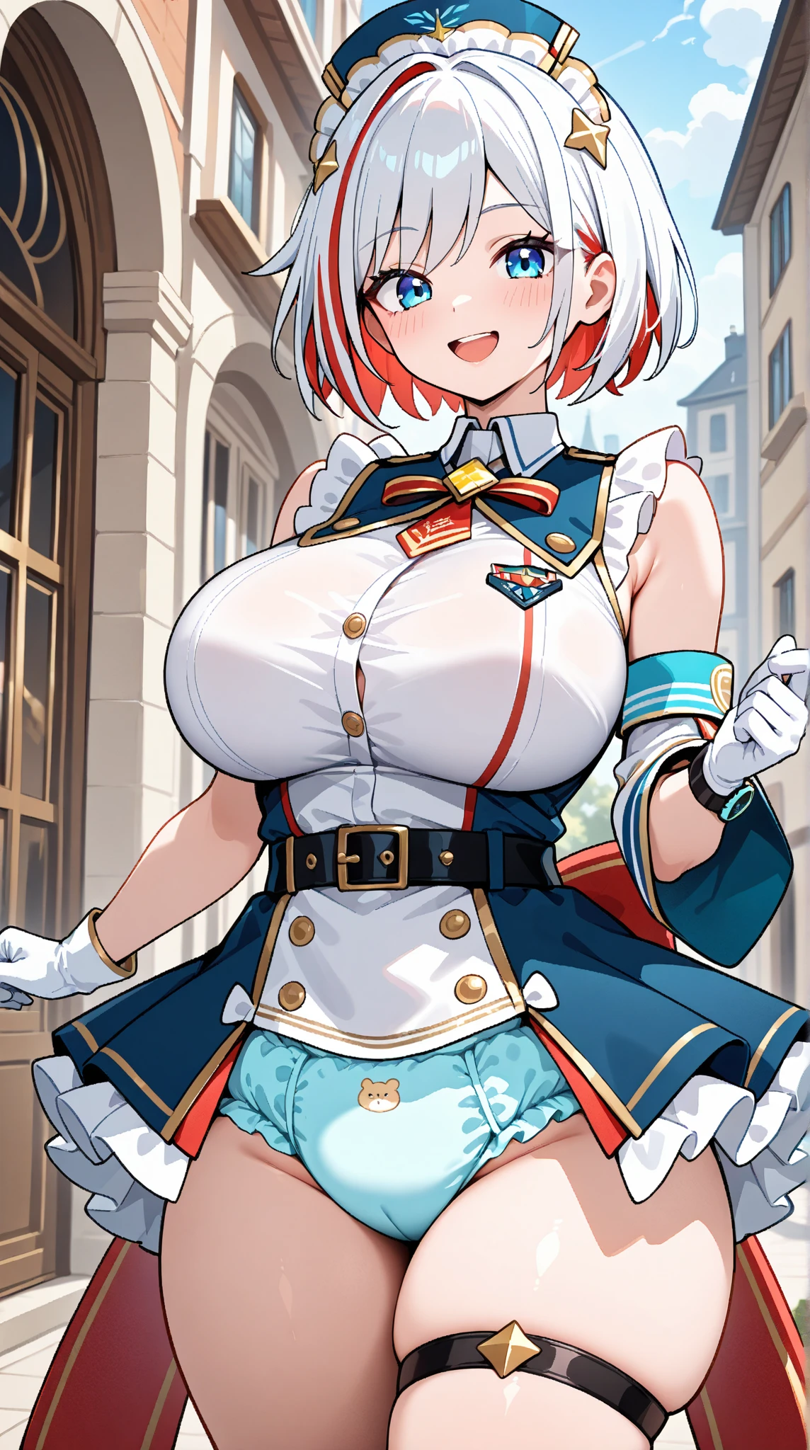 (masterpiece, best quality:1.2), cowboy shot, solo, 1girl, ayanokouji rem, smile, looking at viewer, long sleeves, capelet, red skirt, thighhighs (huge breast)