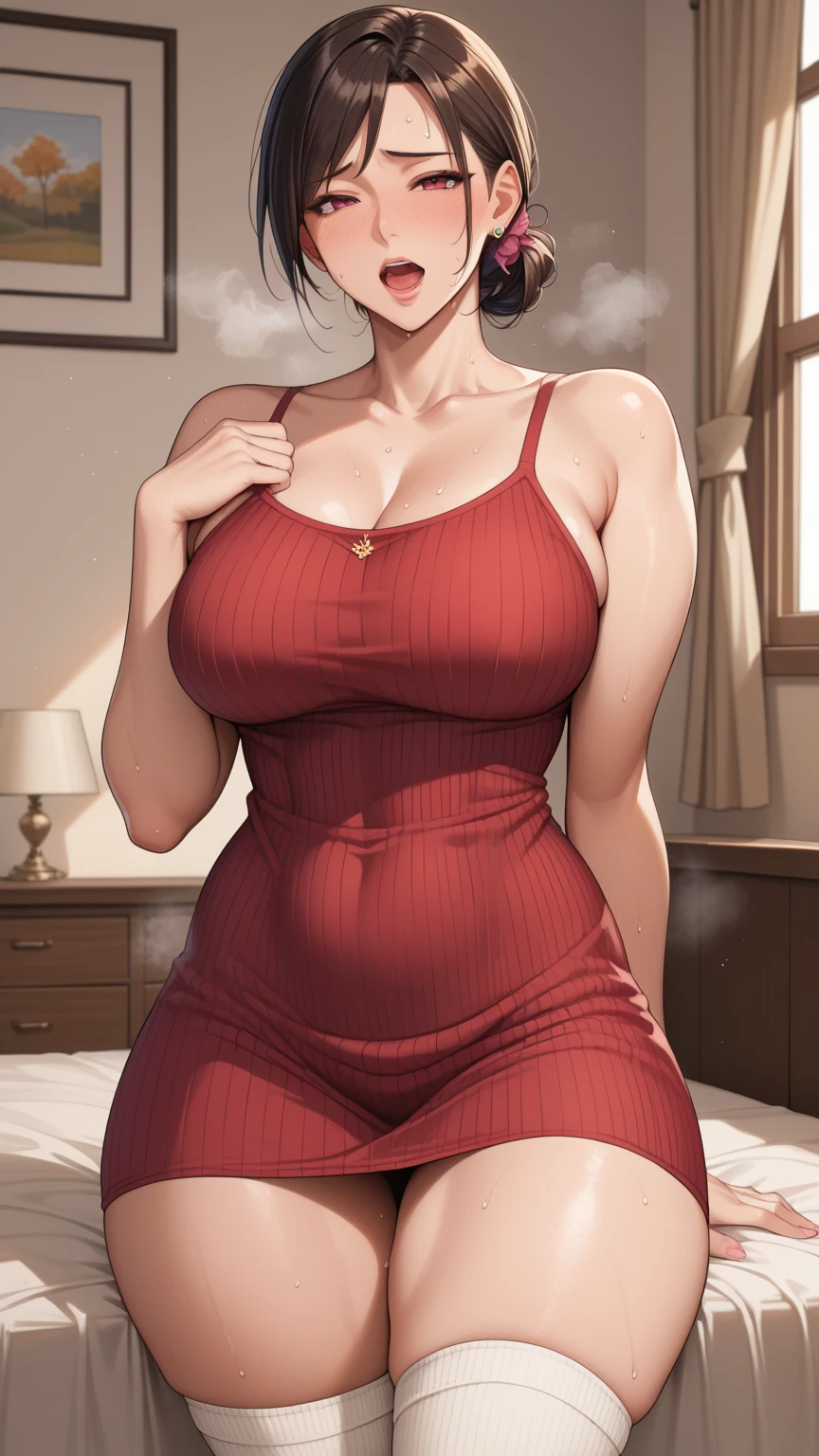 Masterpiece,best quality, highres, perfect anatomy, 8k,Muscular woman,beautiful, tight dress, tube top,brown hair, dark skin tone, gigantic breasts,smiling and looking at the camera, standing, sun rays, window lighting, hdr, antialiased, 8k, sharp details, (hdr:1.2), (muted colors:1.2), RAW photo, film grain, Fujifilm XT3, highly detailed, masterpiece, slendered abs, puffy lips,flexing at viewer