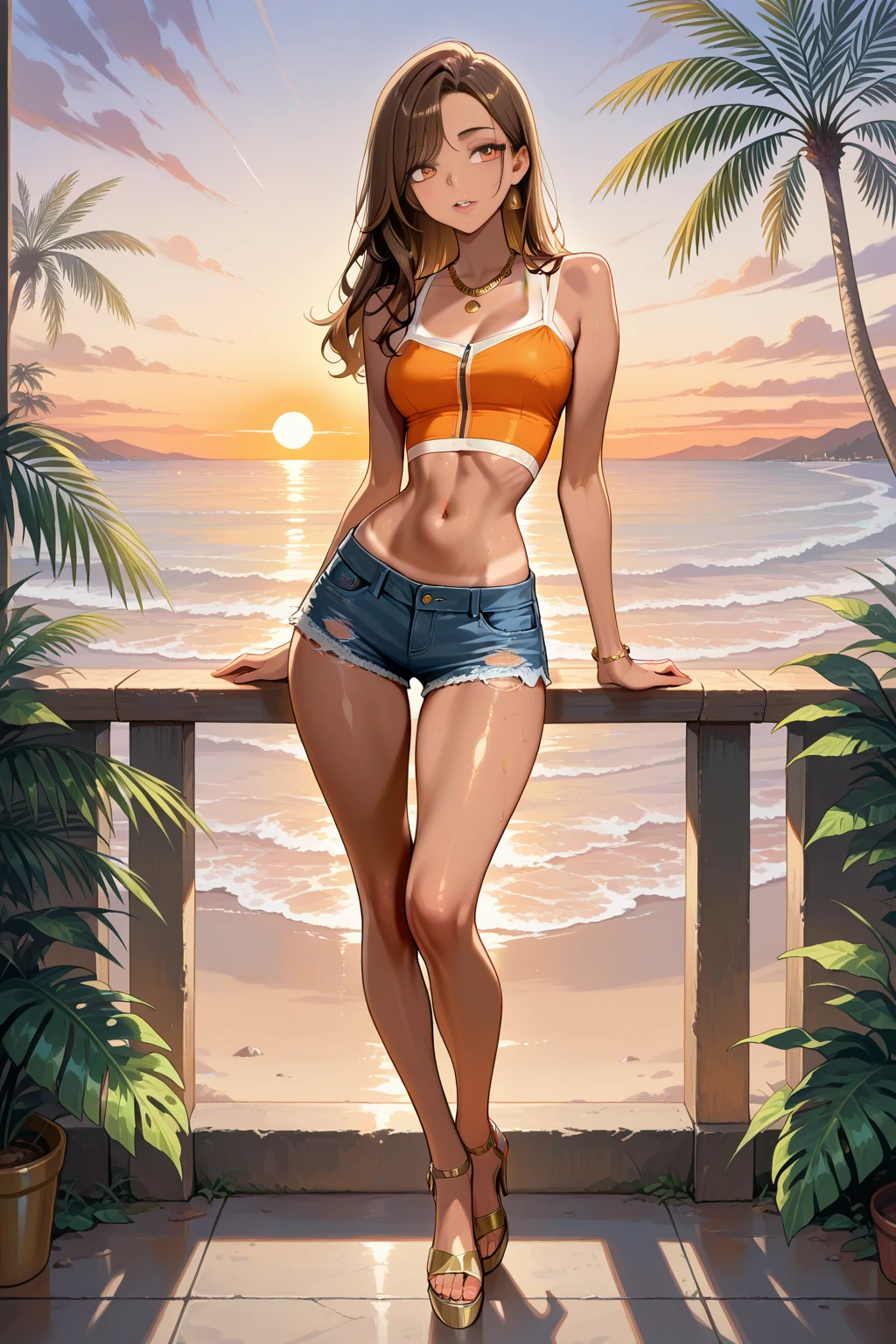 (back view, full body:1.4),(rule of thirds:1.4), ((realistic illustration:1.3)).18yo (Athletic:0.8) brunette woman, blue eyes, (long hair:0.9), tomboy, cute, ((smile)), (tiny yellow bikini). (virgin).Masterpiece, best quality,(highly detailed:1.2),(detailed face and eyes:1.2), 8k wallpaper, depth of field, natural lighting. core shadows, high contrast, bokeh.