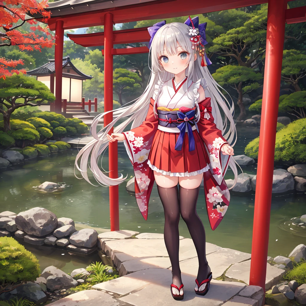 ((masterpiece,best quality)), (1girl, solo), white hair, side ponytail, yellow eyes, bare legs, cherry blossoms, day, flower, hair ribbon, japanese clothes, kimono, long hair, looking at viewer, smiling, obi, outdoors, sandals, stairs, sitting, statue, torii, tree, thighs, microskirt, barefoot sandals, (no panties), facing viewer, <lora:tsubaki V1.4:1>