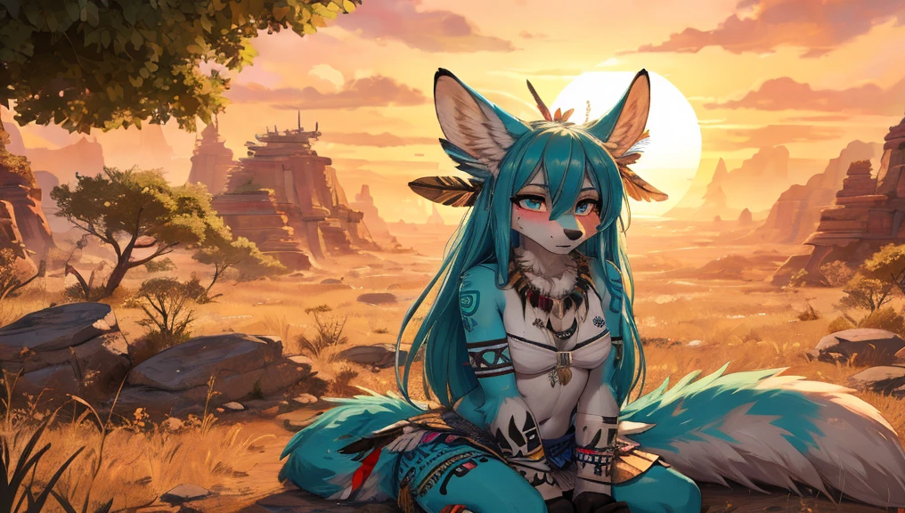 Miku Hatsune, add high definition_detail:1, blue fur,kitsune ears, tribal tattoo add_detail:1, sensual pose against the wall add_details:1, tribal feather necklage, rainbowed feather skirt, tribal feather ornaments for the body high definition, tribal feather bralette, desertic landscape oasis in the background, exhausted girl, sweating, very hot, intense sun add_detailsl, jack-o-pose 